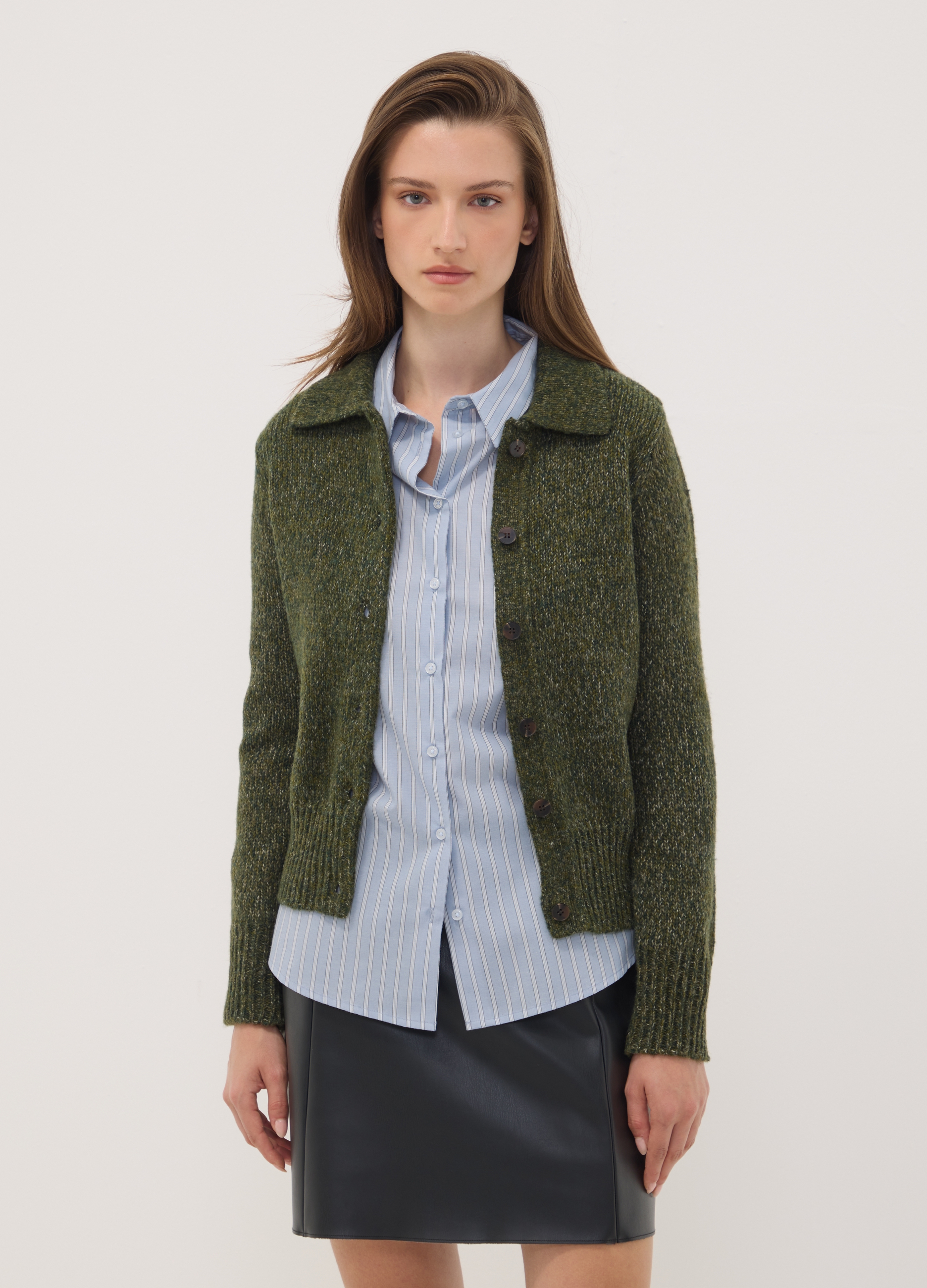 OVS, Cardigan Verde In Misto Lana Con Colletto Polo, Donna, Verde, Taglia: L