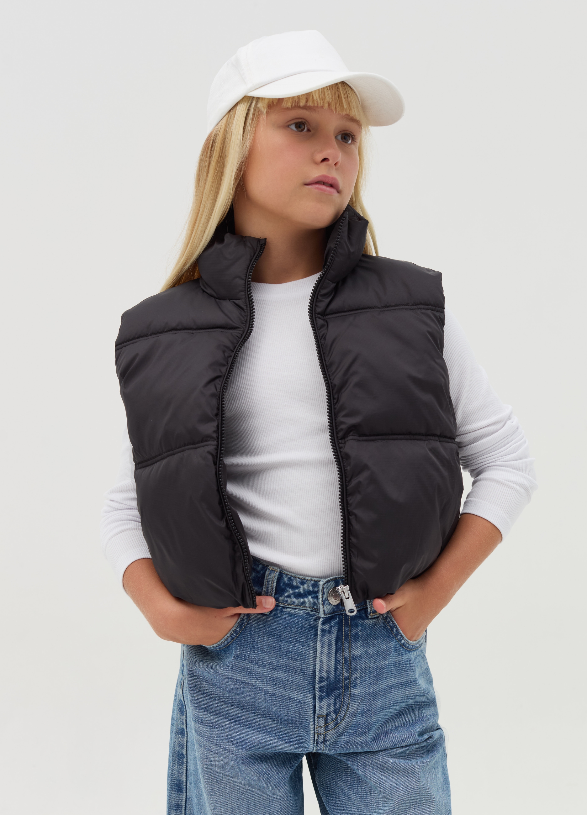 OVS KIDS, Gilet Crop Trapuntato Full-zip, Bambina, Nero, Taglia: 10-11