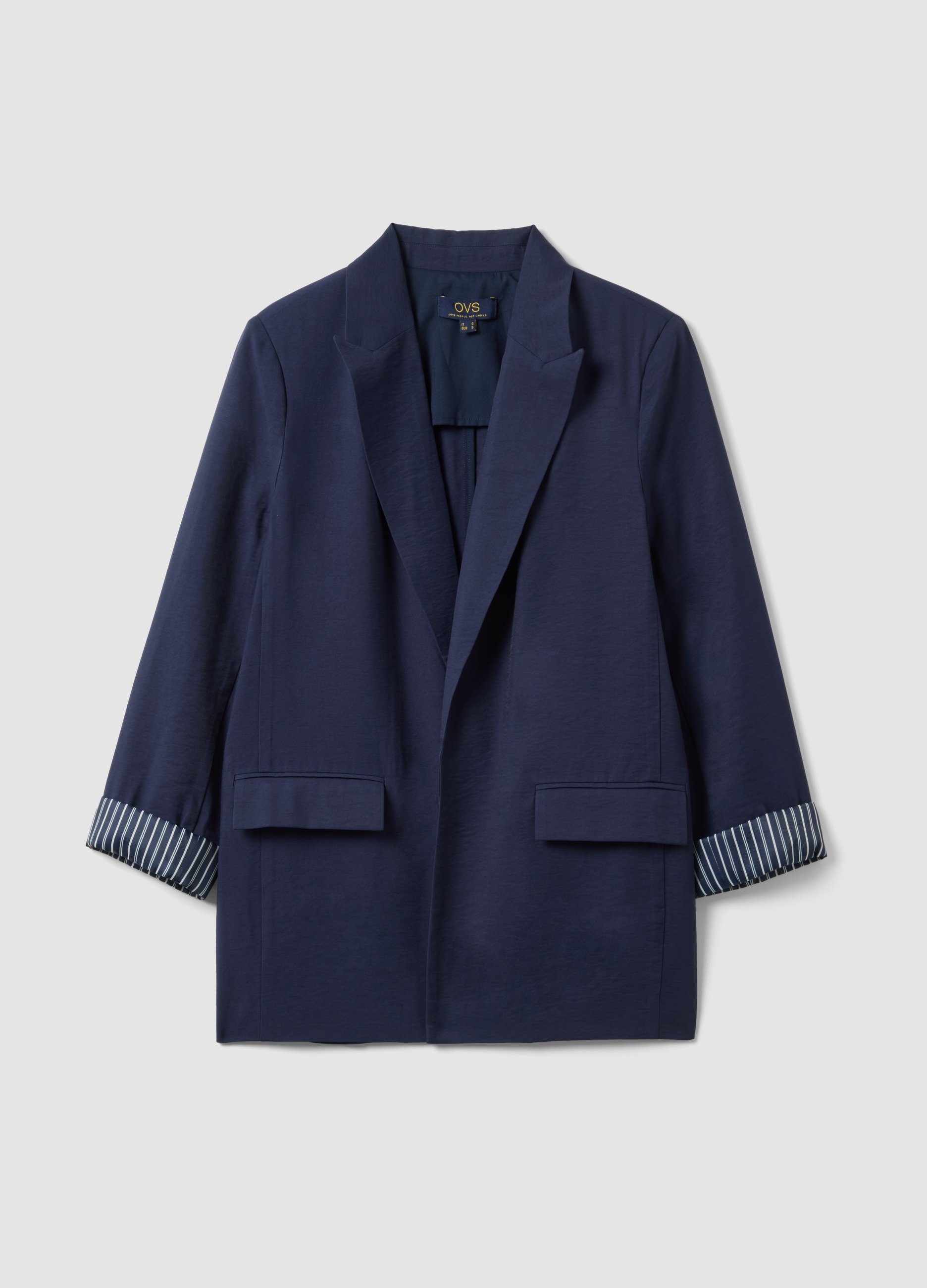 Blazer De Mezcla De Viscosa Azul Regular Fit Con Puños A Rayas, Mujer, Azul marino, Talla: 42
