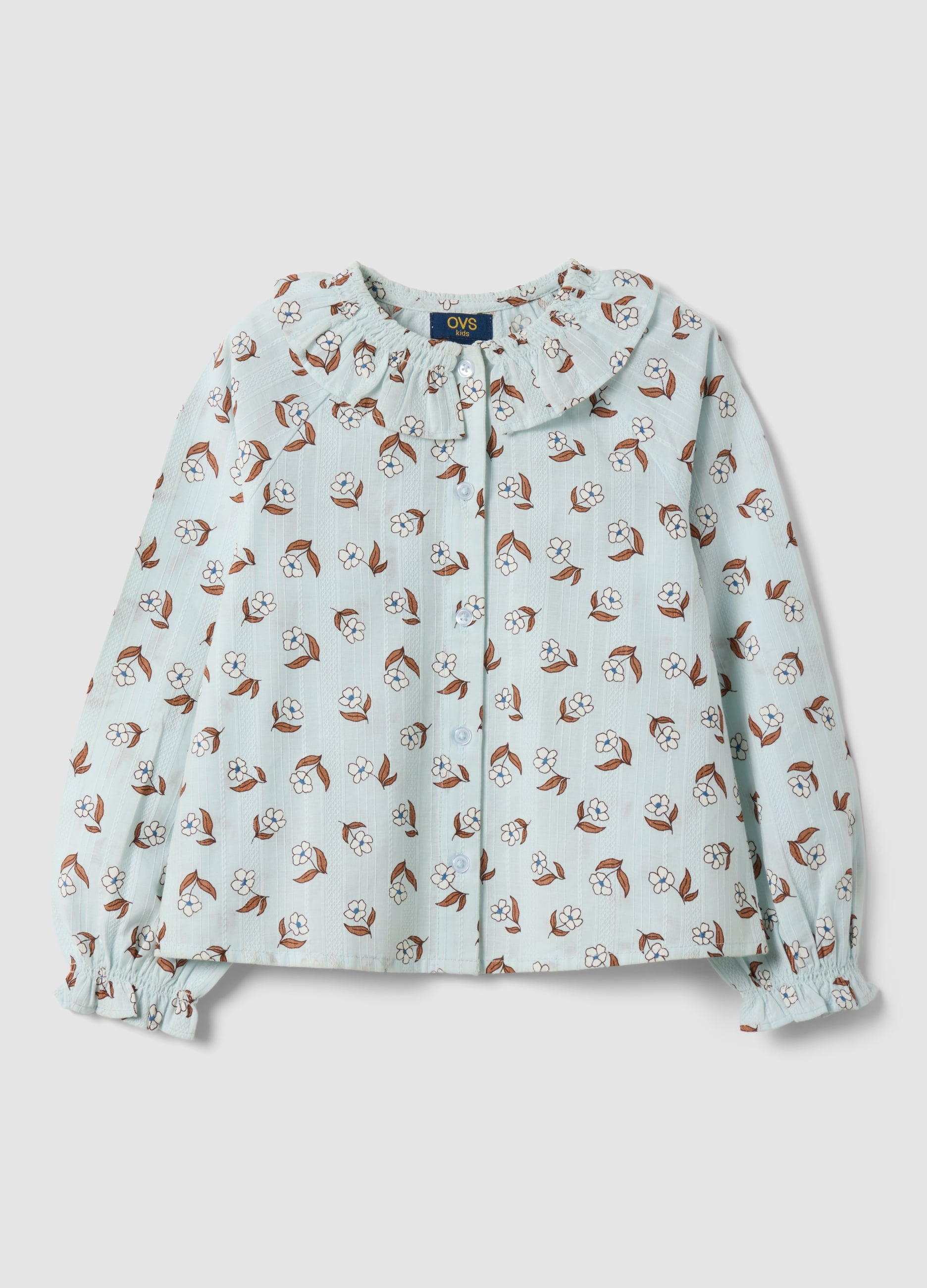 OVS KIDS, Camicia Azzurra In Puro Cotone Con Stampa Floreale, Bambina, Azzurro, Taglia: 5-6