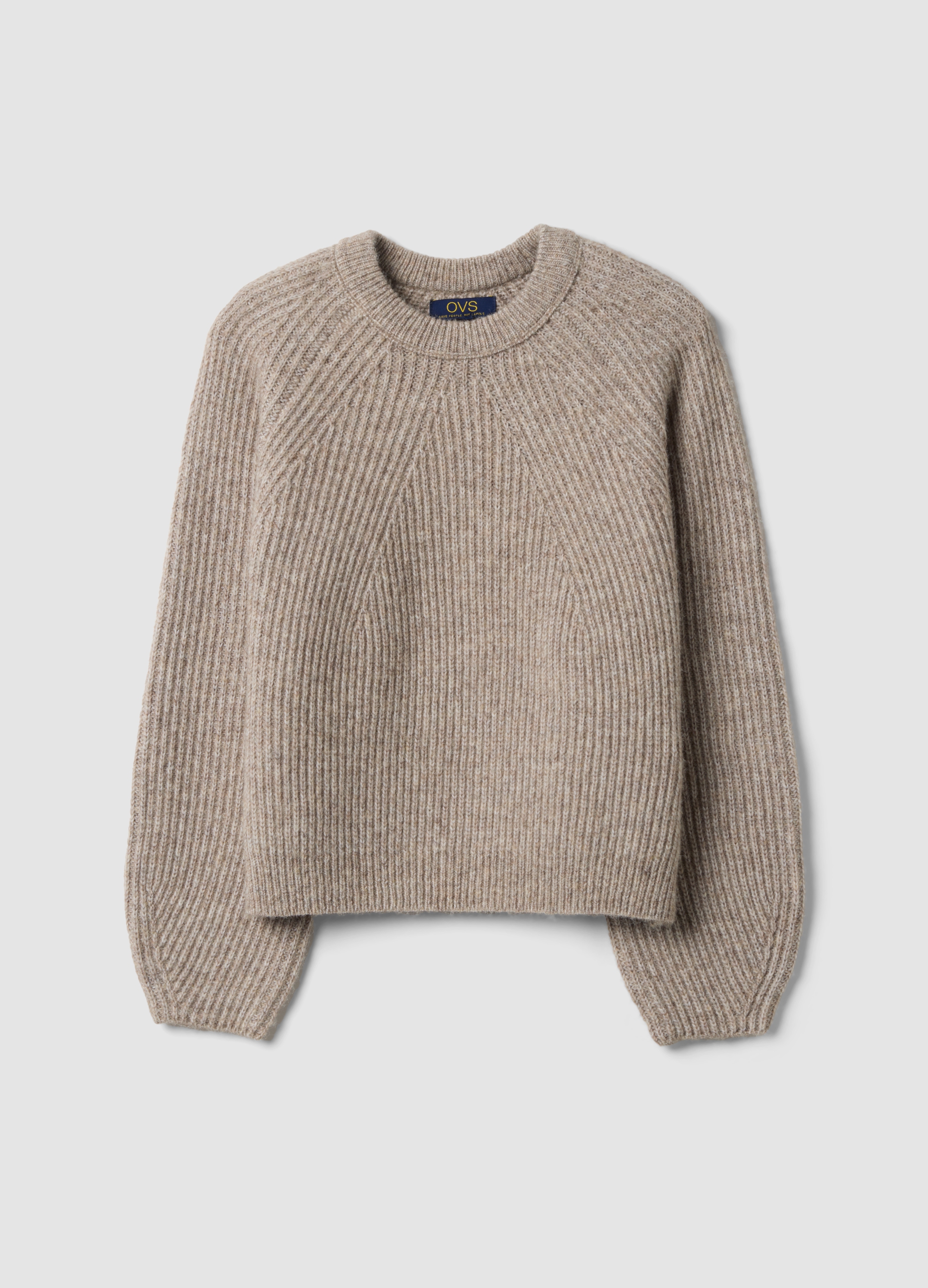 OVS, Maglione Beige In Misto Lana A Coste Con Girocollo, Donna, Beige, Taglia: M