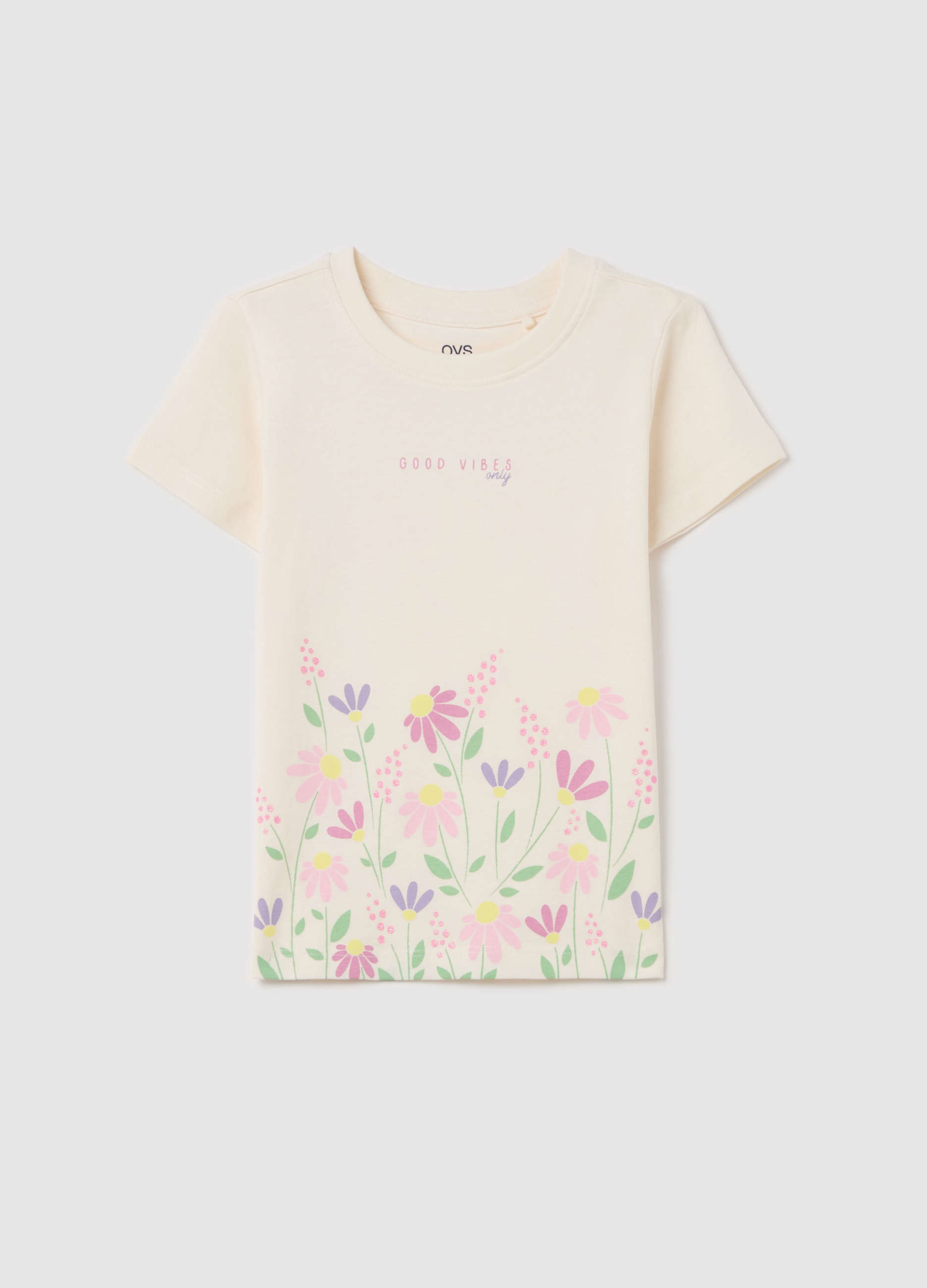 OVS, T-shirt In Cotone Con Stampa, Bambina, Bianco, Taglia: 3-4