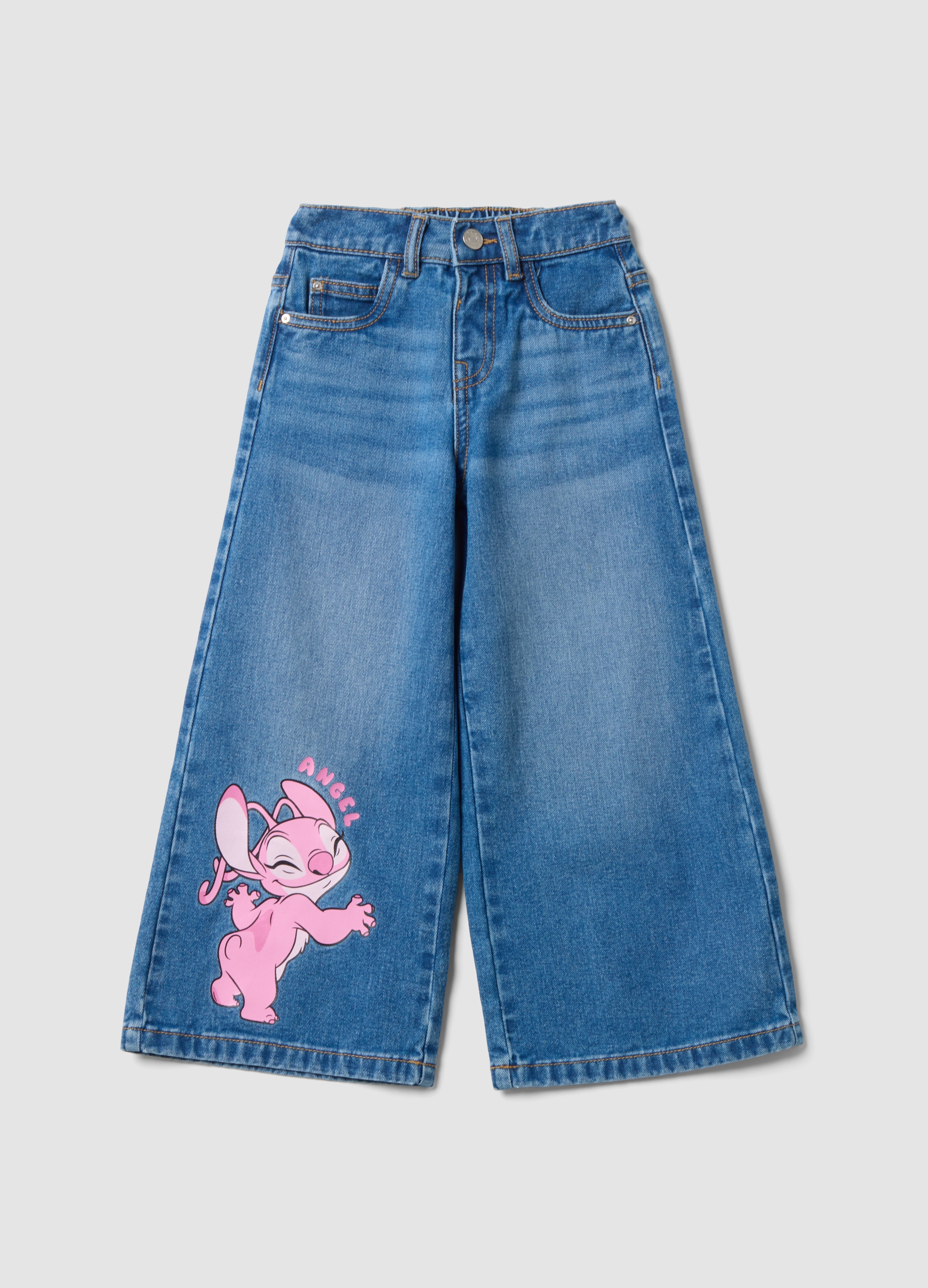 DISNEY, Jeans Denim Blu In Puro Cotone Wide Leg Con Stampa Lilo & Stitch Per Bambina, Denim, Taglia: 4-5