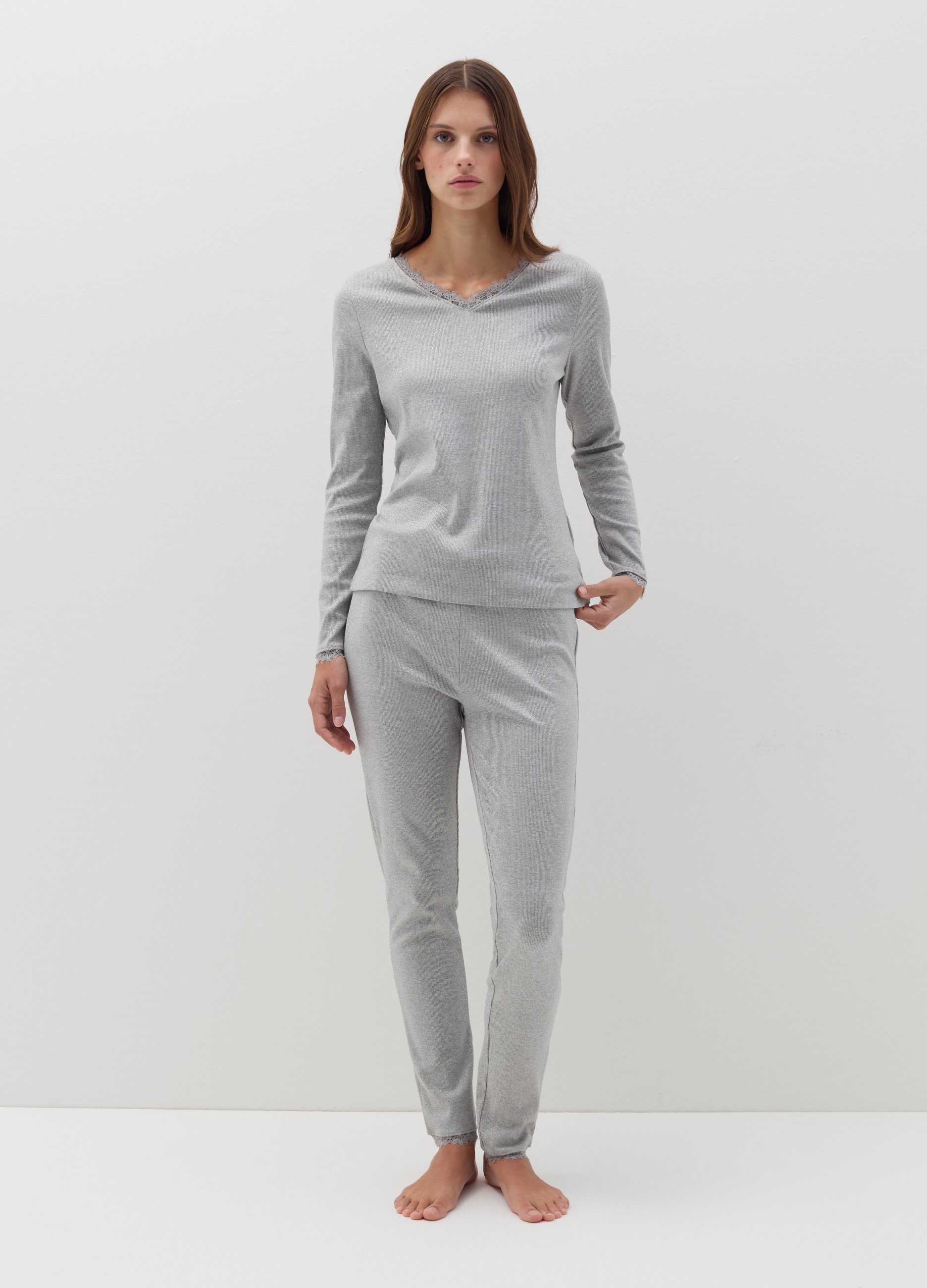 OVS, Pigiama Lungo Con Lurex E Profili In Pizzo, Donna, Grigio, Taglia: L