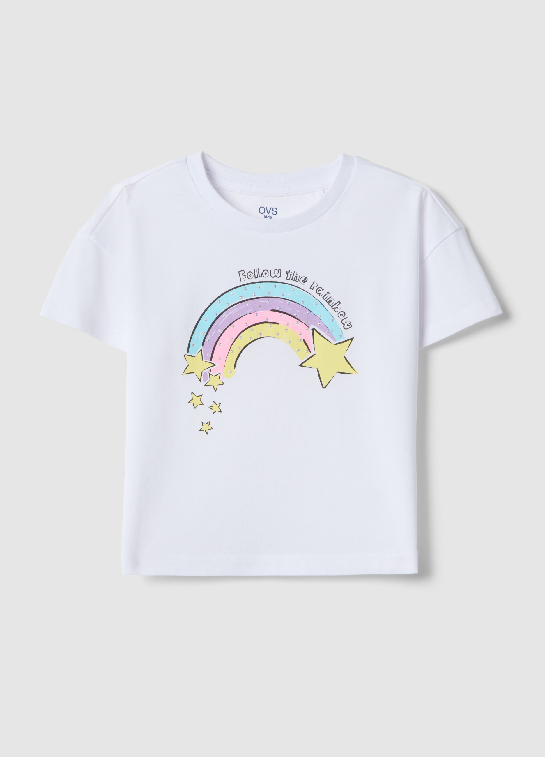 OVS KIDS, Camiseta Blanca De Algodón Puro Para Niña Ajuste Regular Con Arcoíris, Niña, Blanco óptico, Talla: 8-9