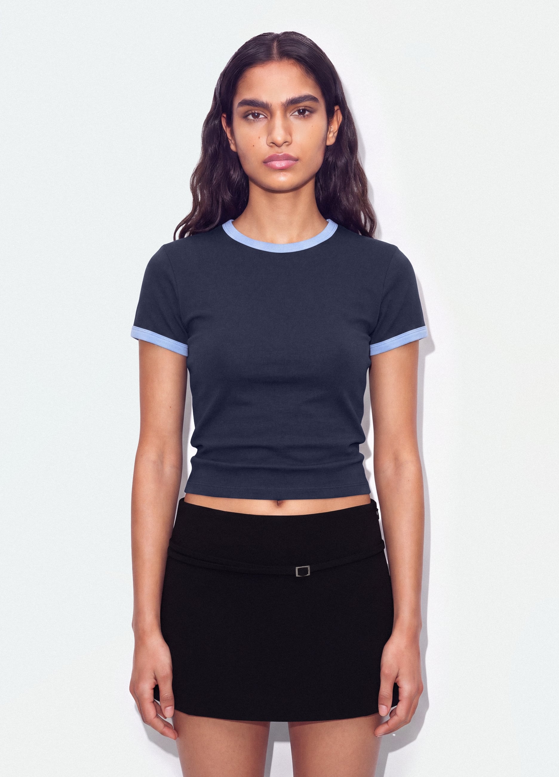 B.ANGEL, T-shirt Blu In Cotone Elasticizzato Con Profili A Contrasto Fitted, Donna, Blu, Taglia: L