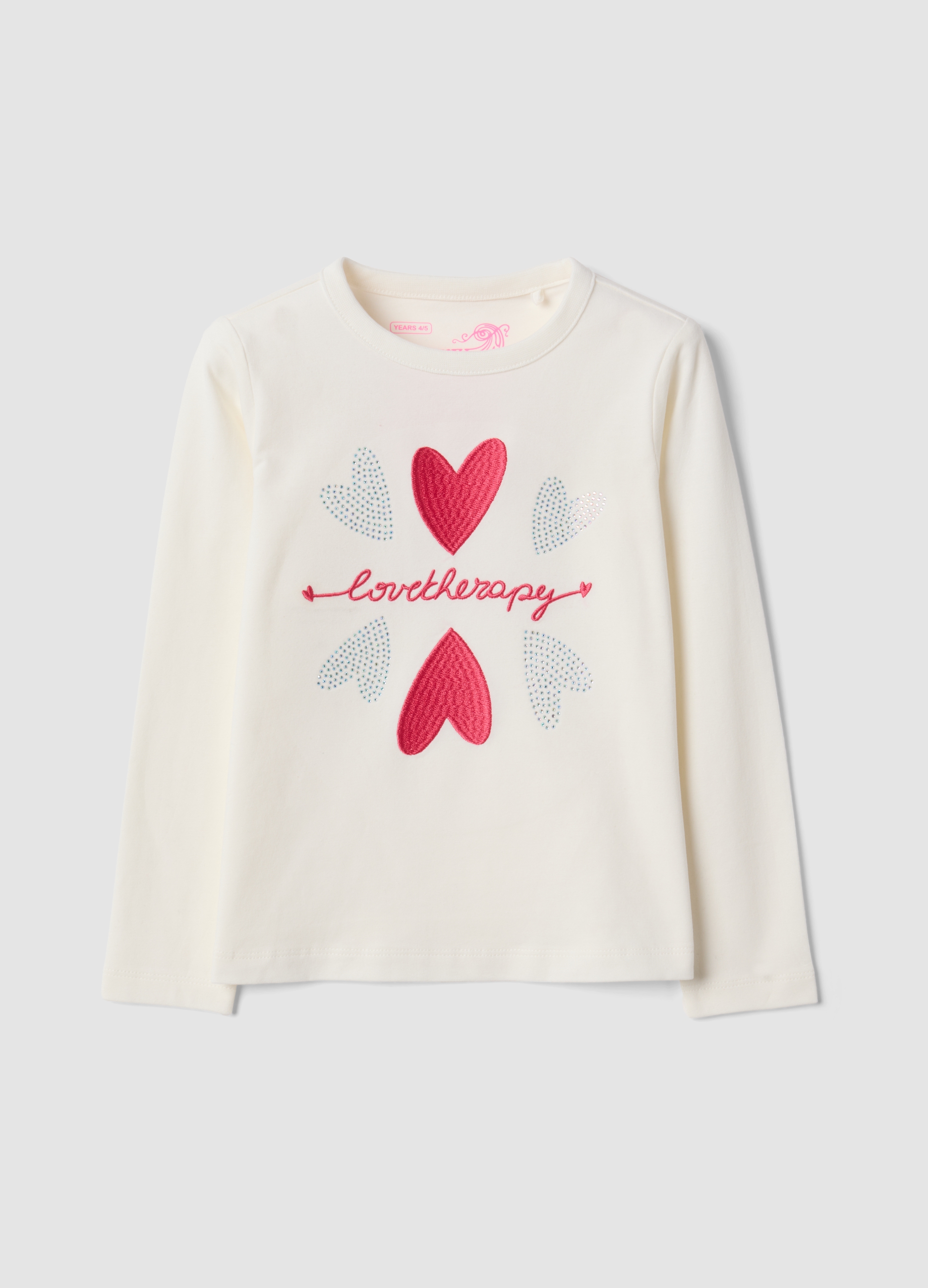 LOVE THERAPY, T-shirt Bianca In Cotone Elasticizzato Con Cuori Ricamati Regular Fit, Bambina, Bianco, Taglia: 8-9