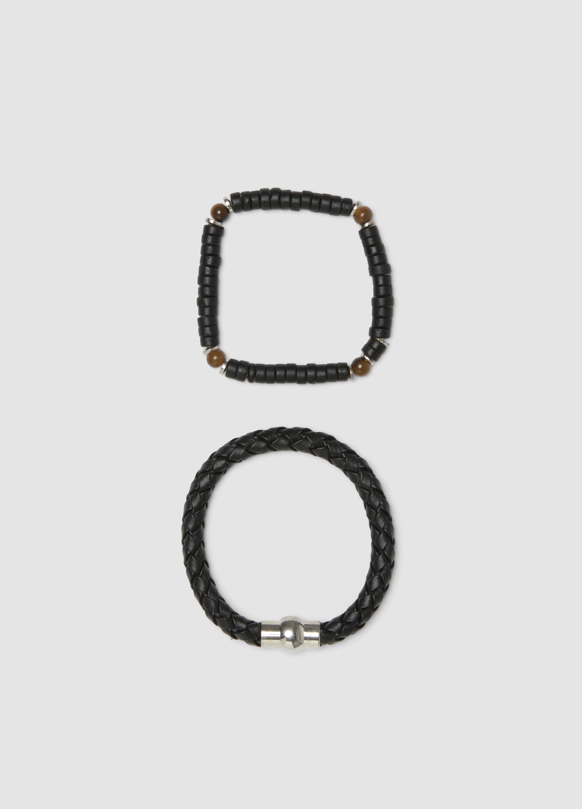 Dúo De Pulseras Negras Trenzadas Y Con Abalorios, Hombre, Gunmetal, Talla: FASUL