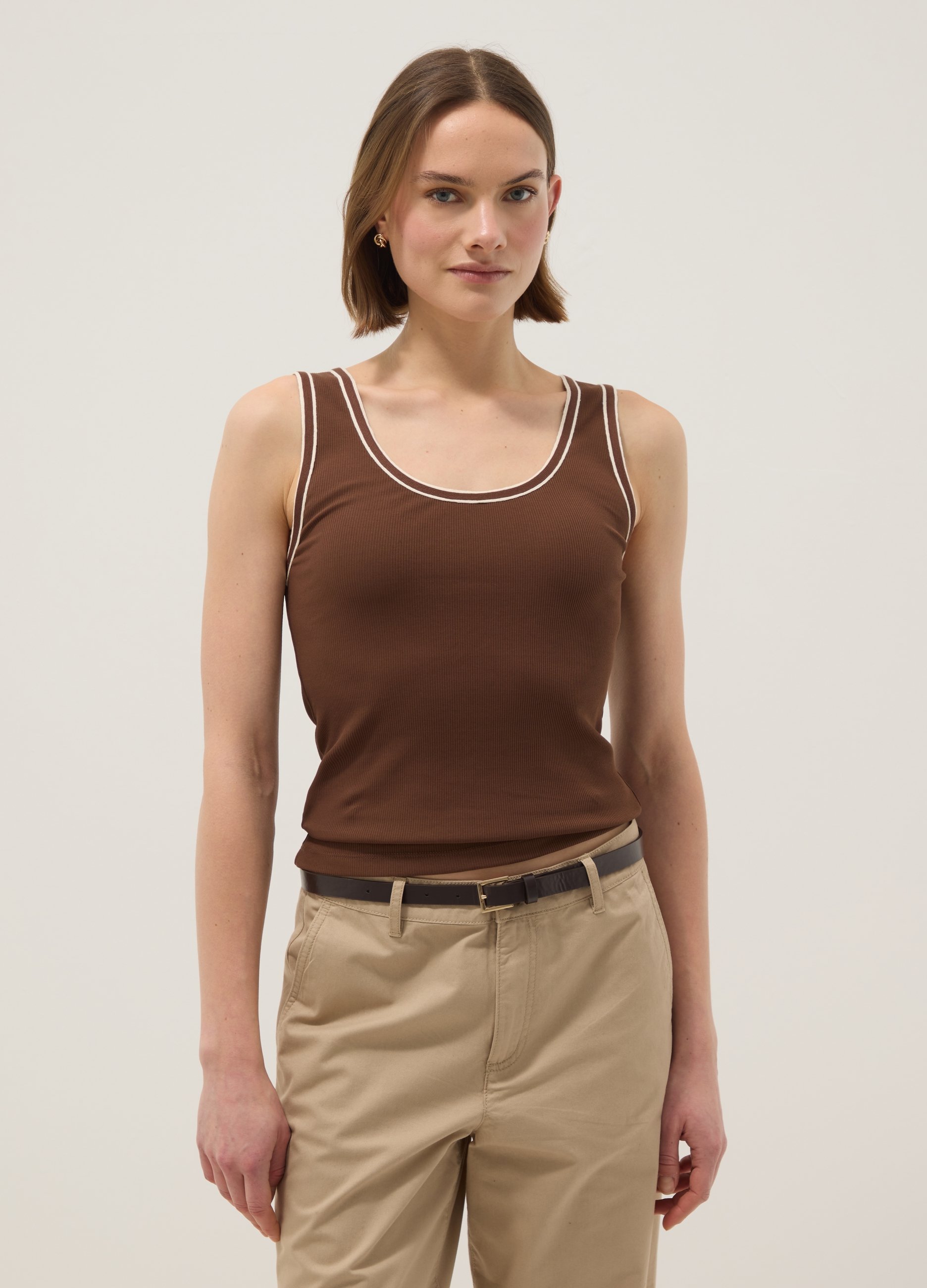Tank Top In Cotone Elasticizzato Marrone Regular Fit Con Bordo, Mujer, Marrón, Talla: 40