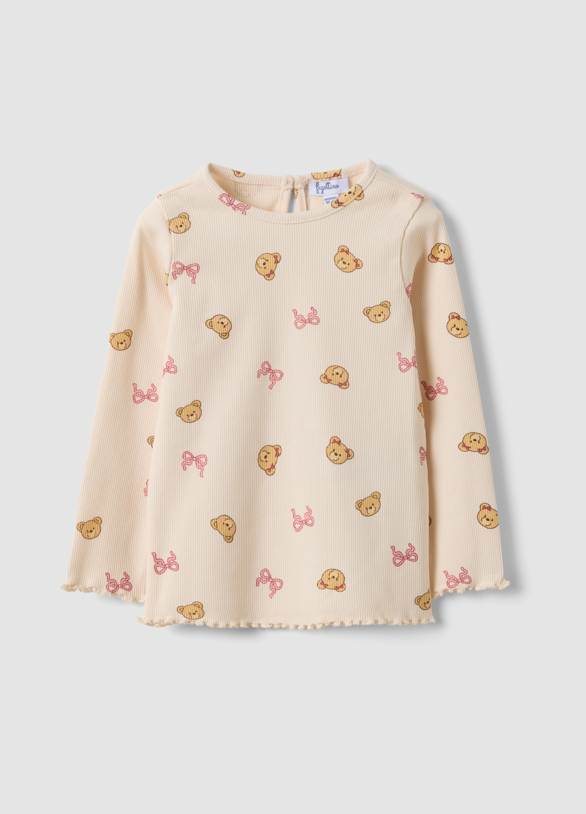 FAGOTTINO, Maglietta Beige In Cotone Organico Elasticizzato Con Fantasia Orsetti Per Bimba, Bambina, Beige, Taglia: 9-12