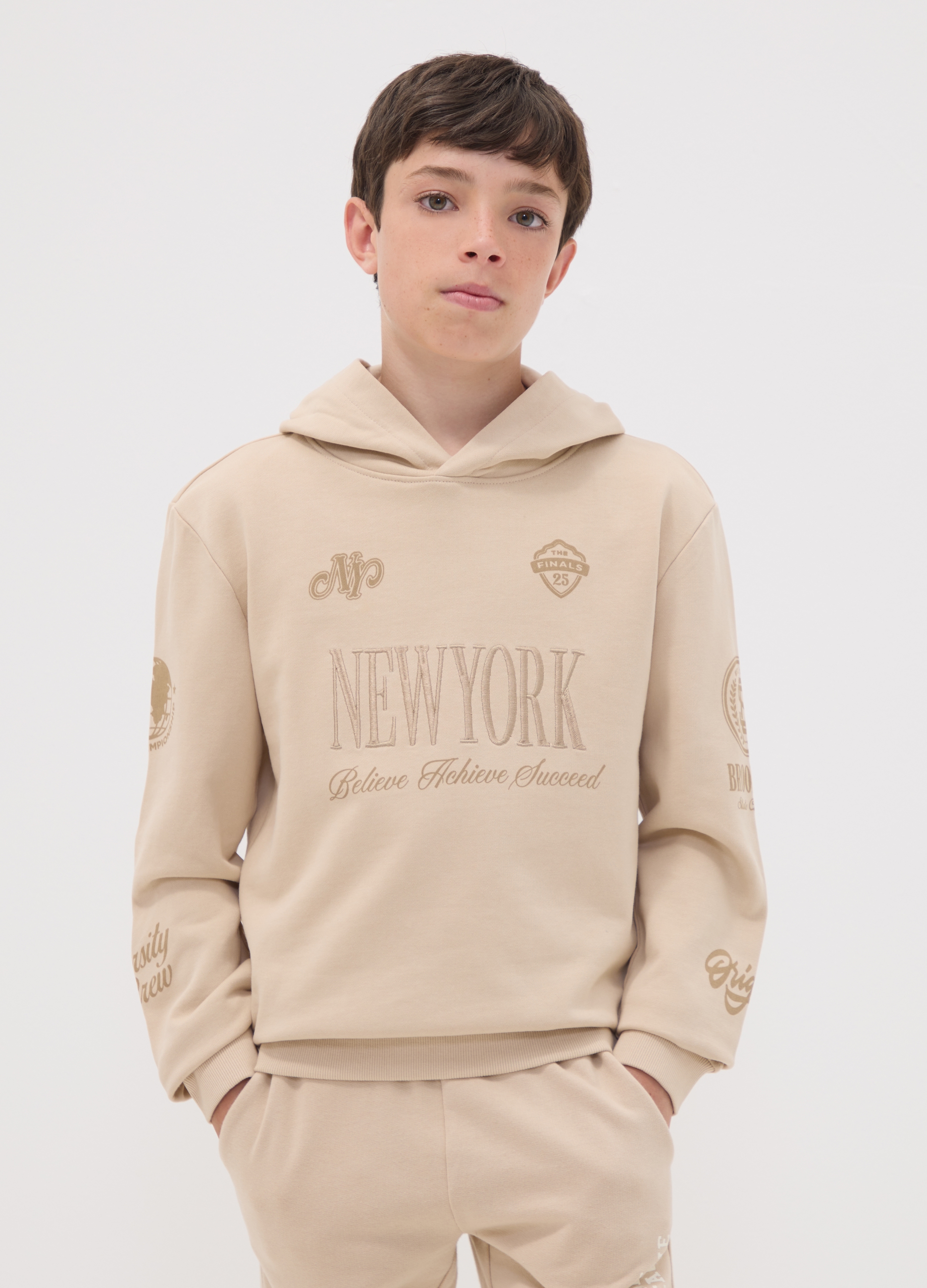 OVS KIDS, Felpa Beige In Puro Cotone Con Cappuccio E Stampa New York Per Ragazzo, Bambino, Beige, Taglia: 11-12