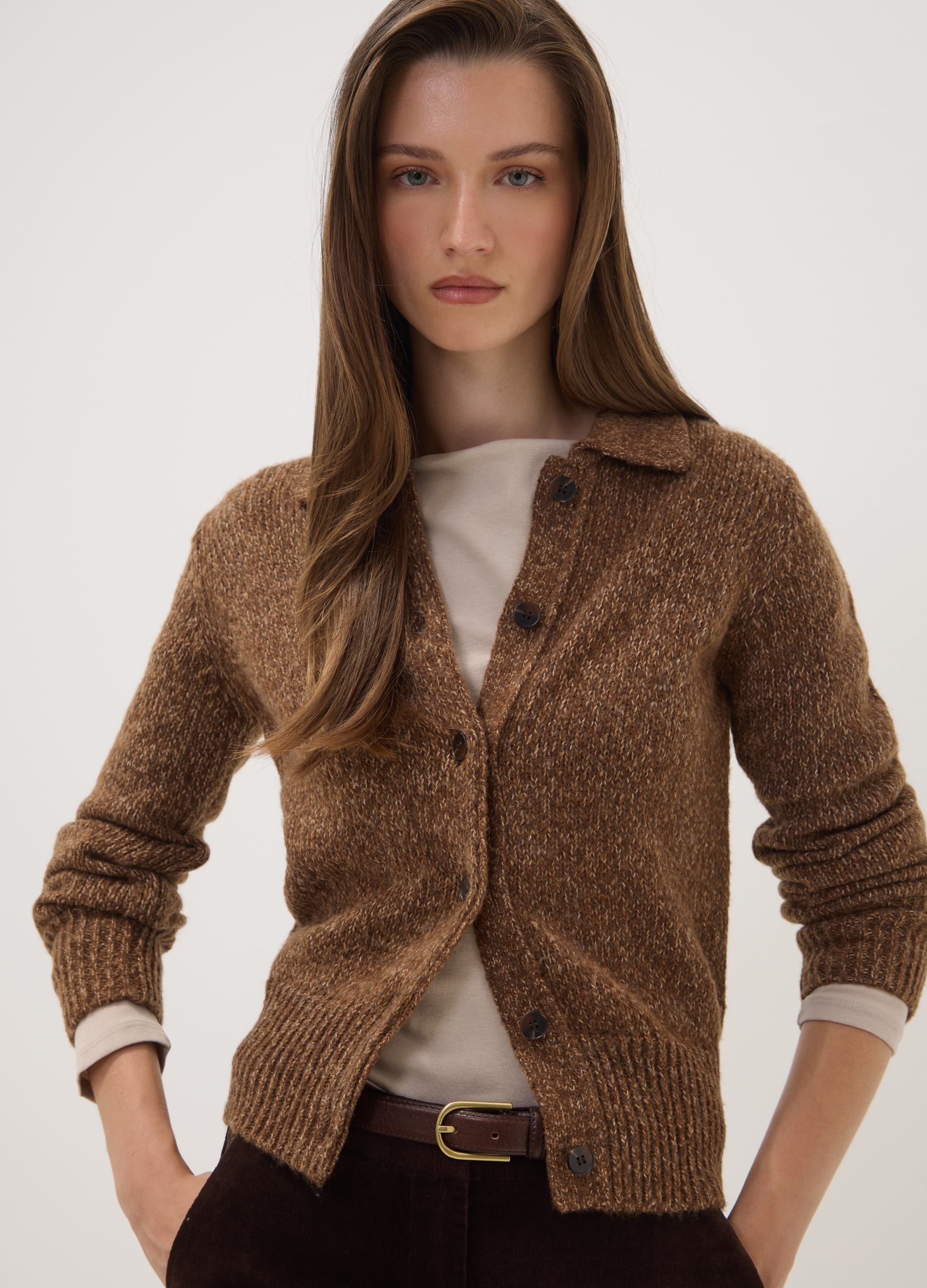 OVS, Cárdigan Marrón En Mezcla De Lana Con Cuello Polo, Mujer, Marrón, Talla: 34