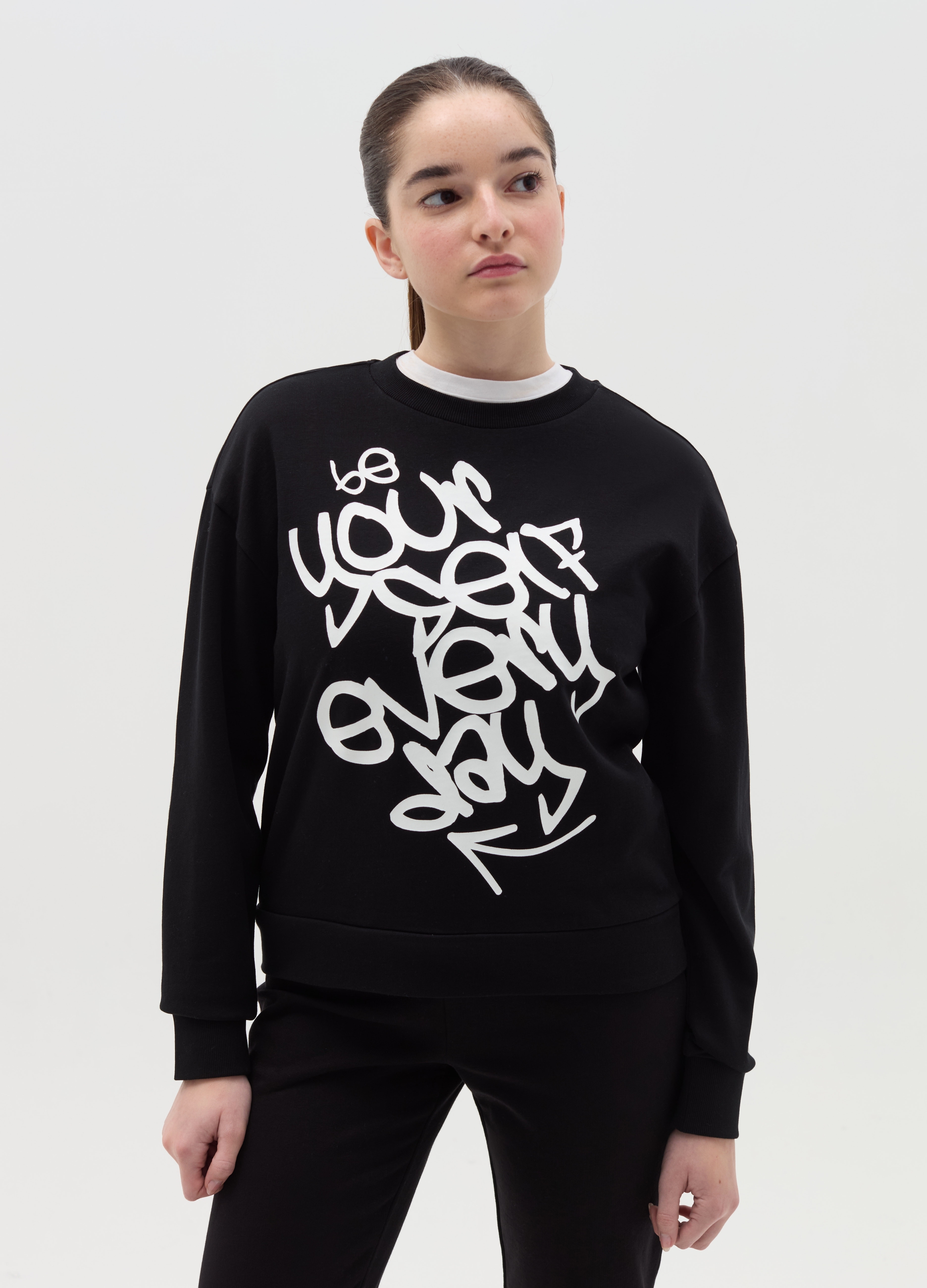 OVS KIDS, Felpa In French Terry Con Stampa, Bambina, Nero, Taglia: 11-12