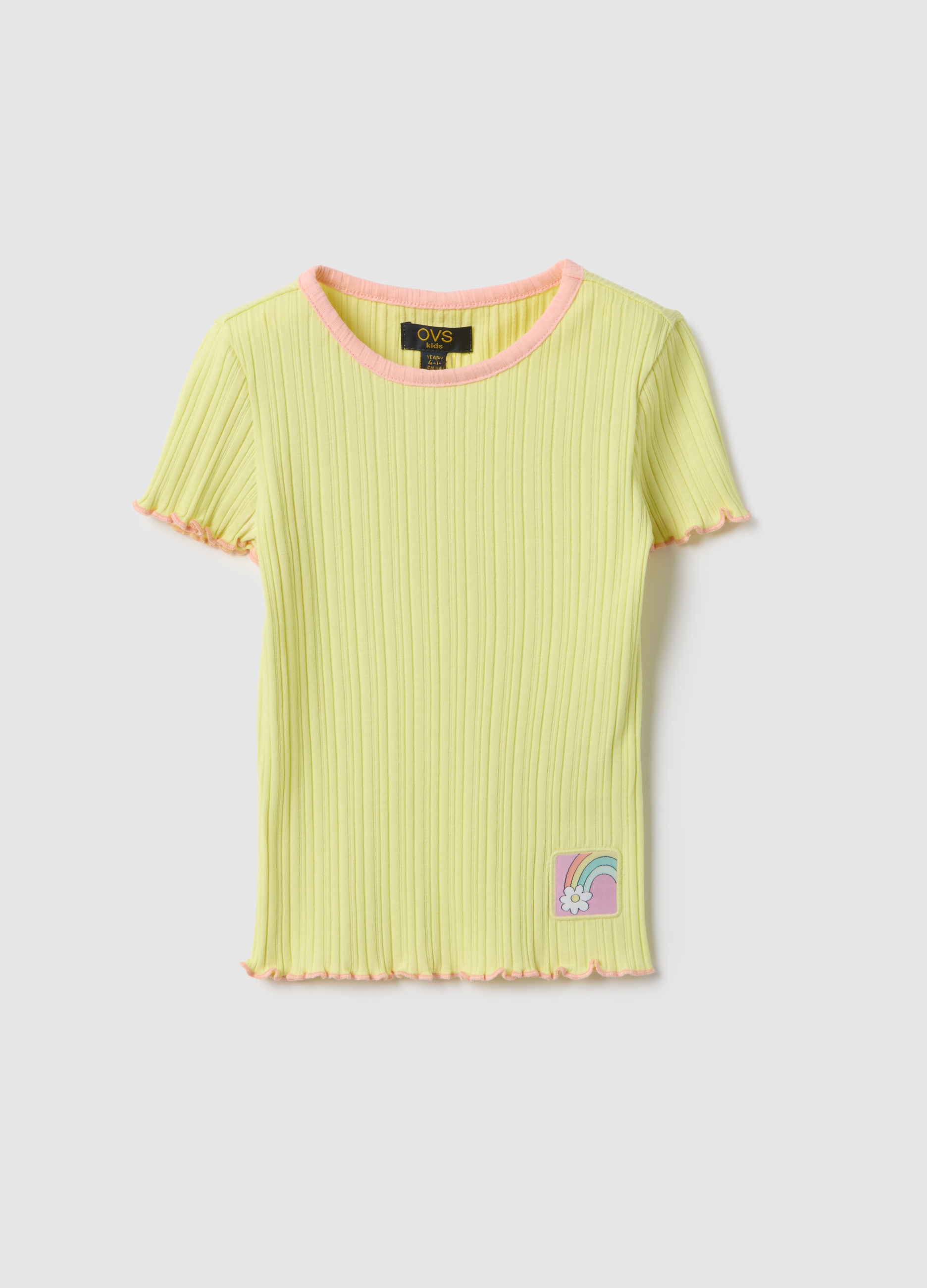 OVS KIDS, Camiseta Amarilla De Algodón A Rayas Para Niña Regular Fit Con Parche, Niña, Amarillo canario, Talla: 9-10