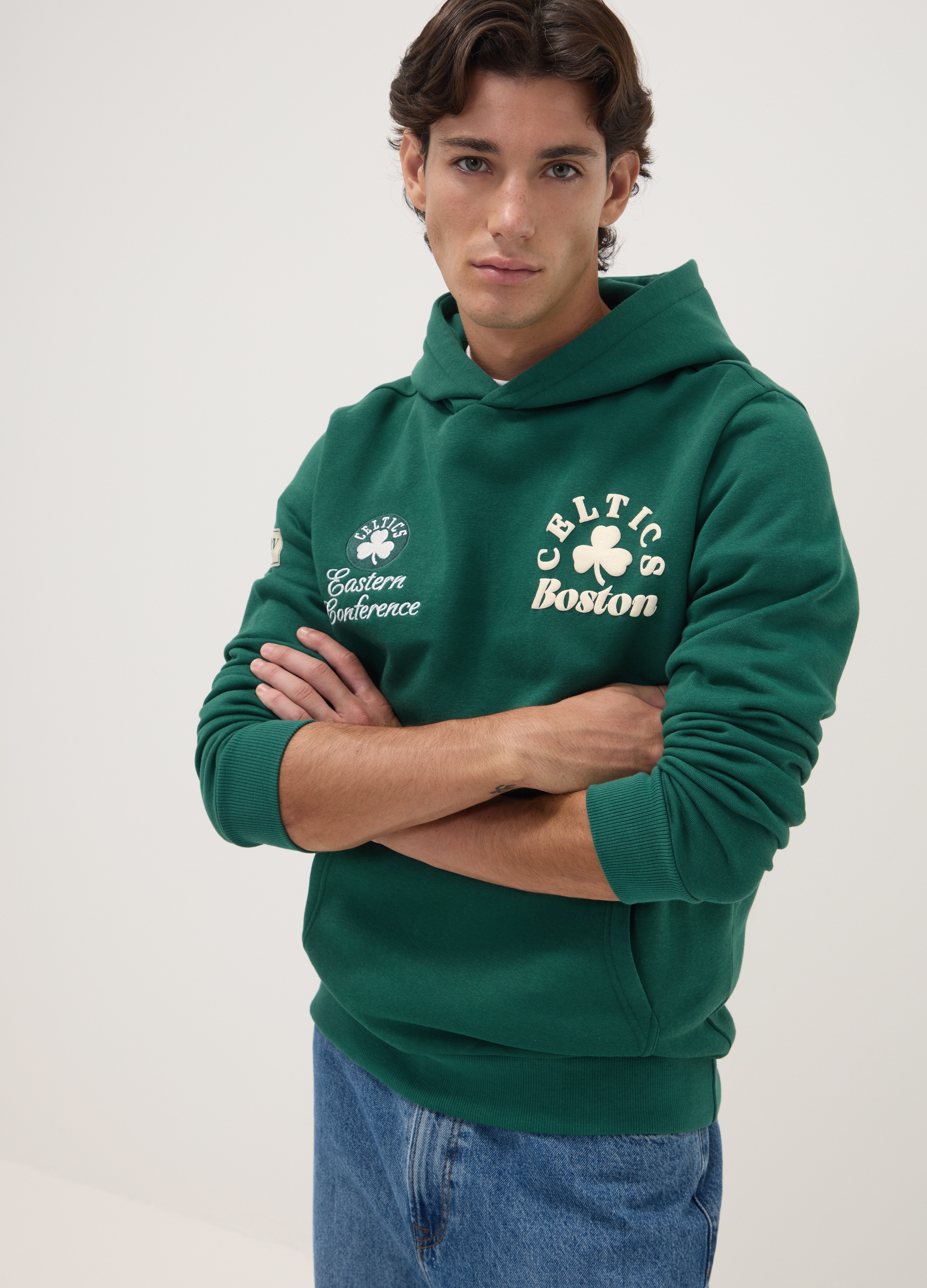 NBA, Felpa Verde Con Cappuccio In Misto Cotone A Tema Boston Celtics, Uomo, Verde, Taglia: M