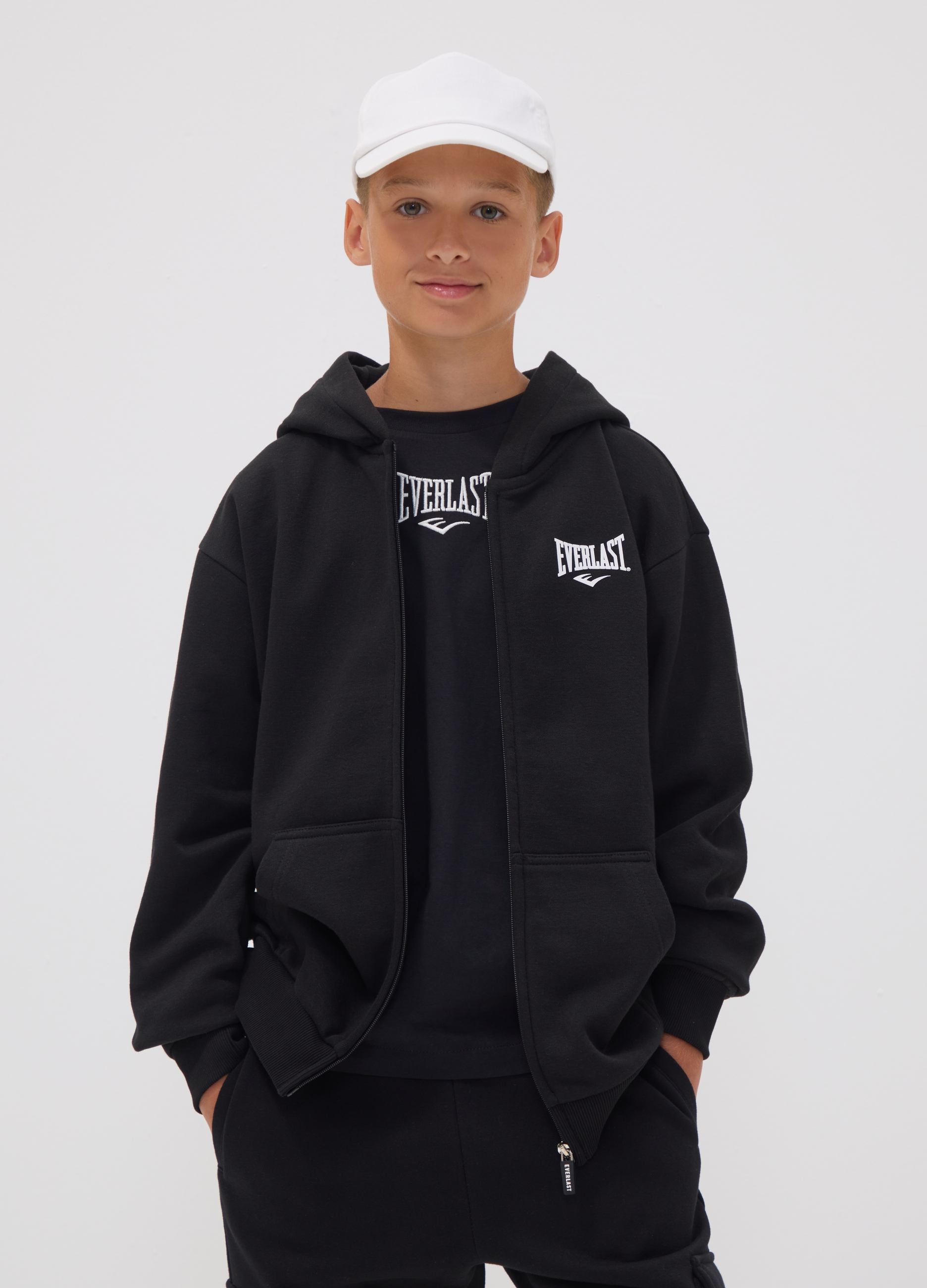 EVERLAST, Felpa Nera Con Cappuccio E Zip In Misto Cotone, Unisex, Nero, Taglia: 10-11