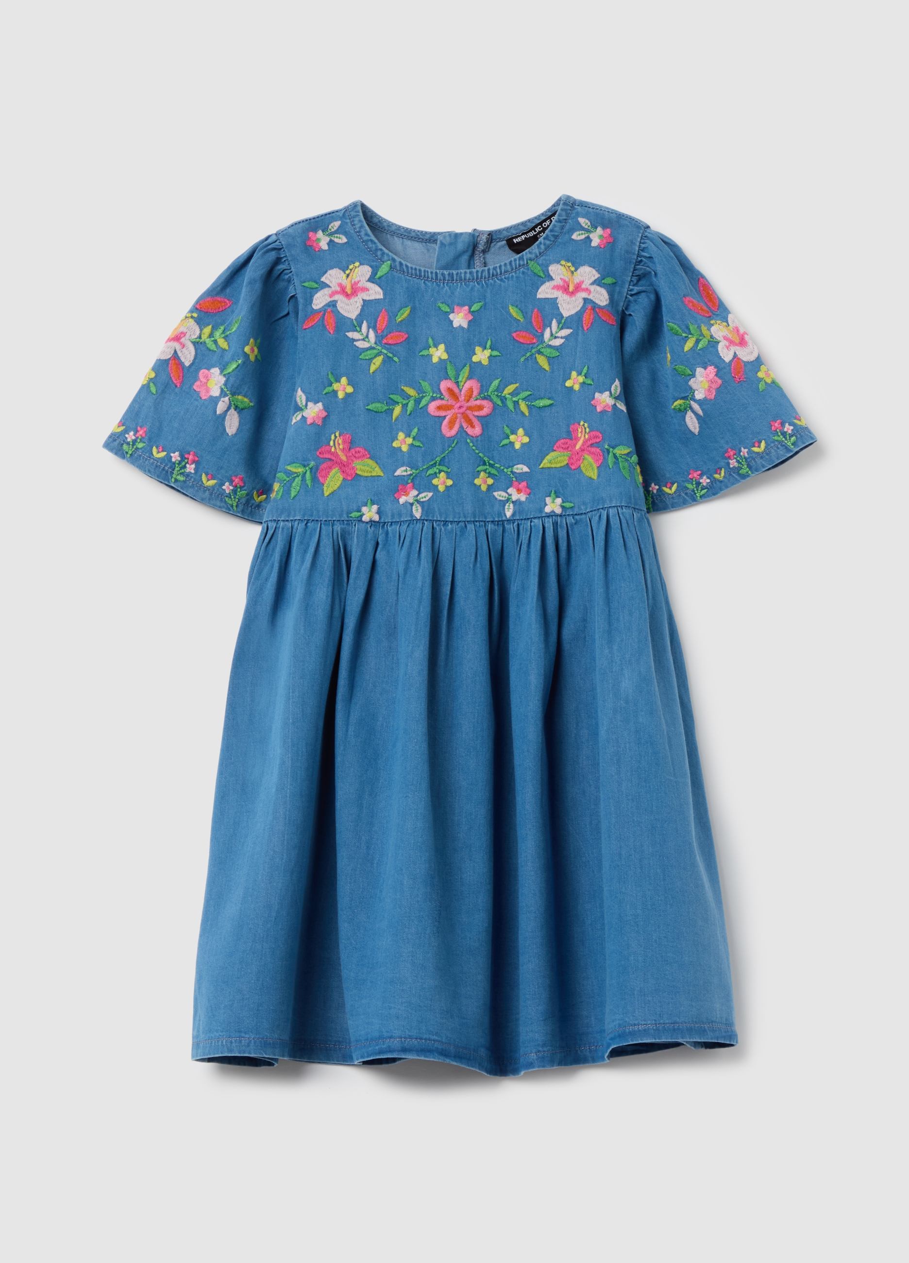 OVS, Abito In Denim Con Ricamo Floreale, Bambina, Denim, Taglia: 3-4