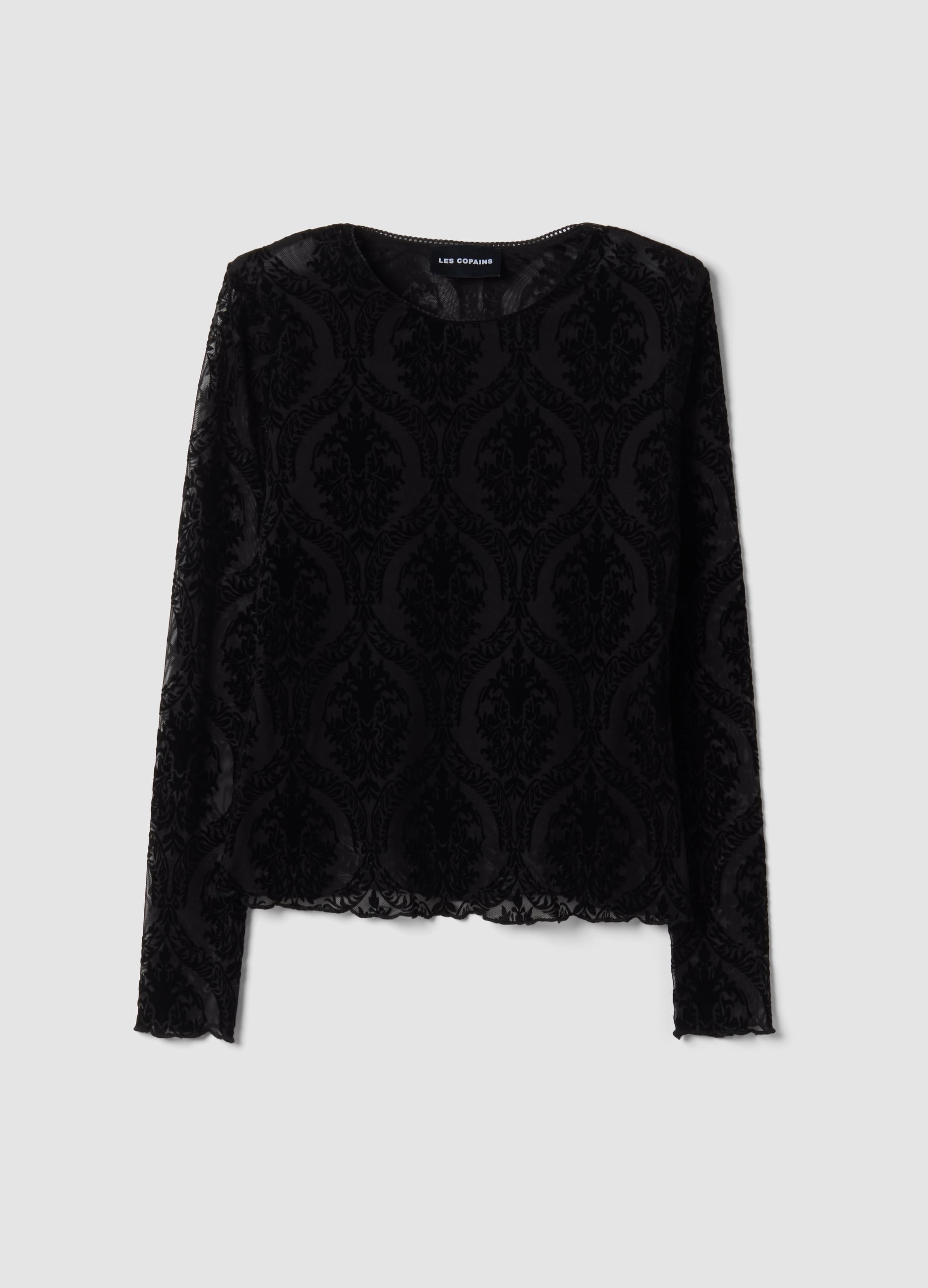LES COPAINS, T-shirt Nera In Tessuto Elasticizzato Trasparente Con Fantasia Regular Fit, Donna, Nero, Taglia: XL