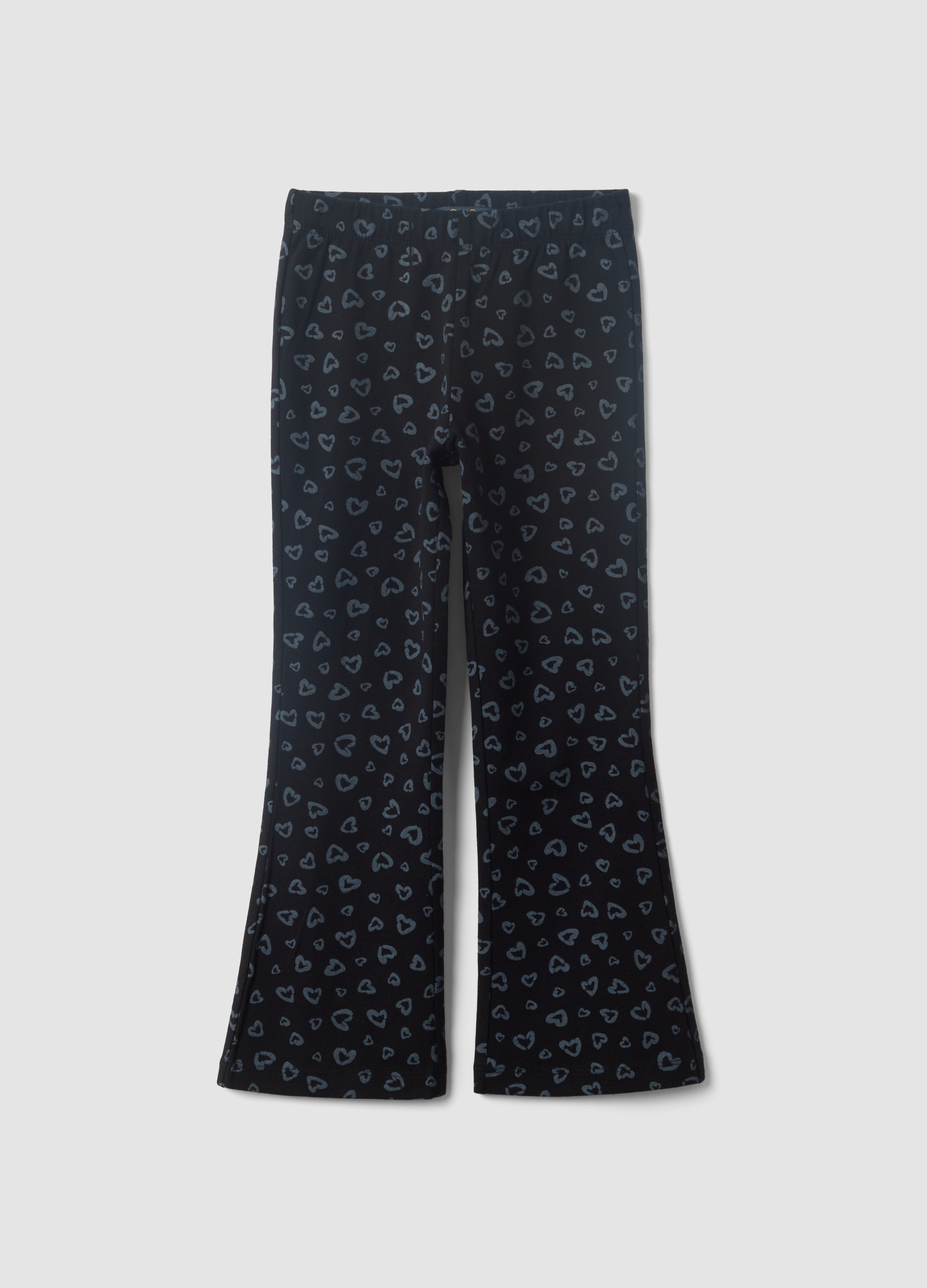 OVS KIDS, Leggings Flare Fit Neri In Cotone Organico Con Stampa Di Cuori Per Bambina, Nero, Taglia: 7-8