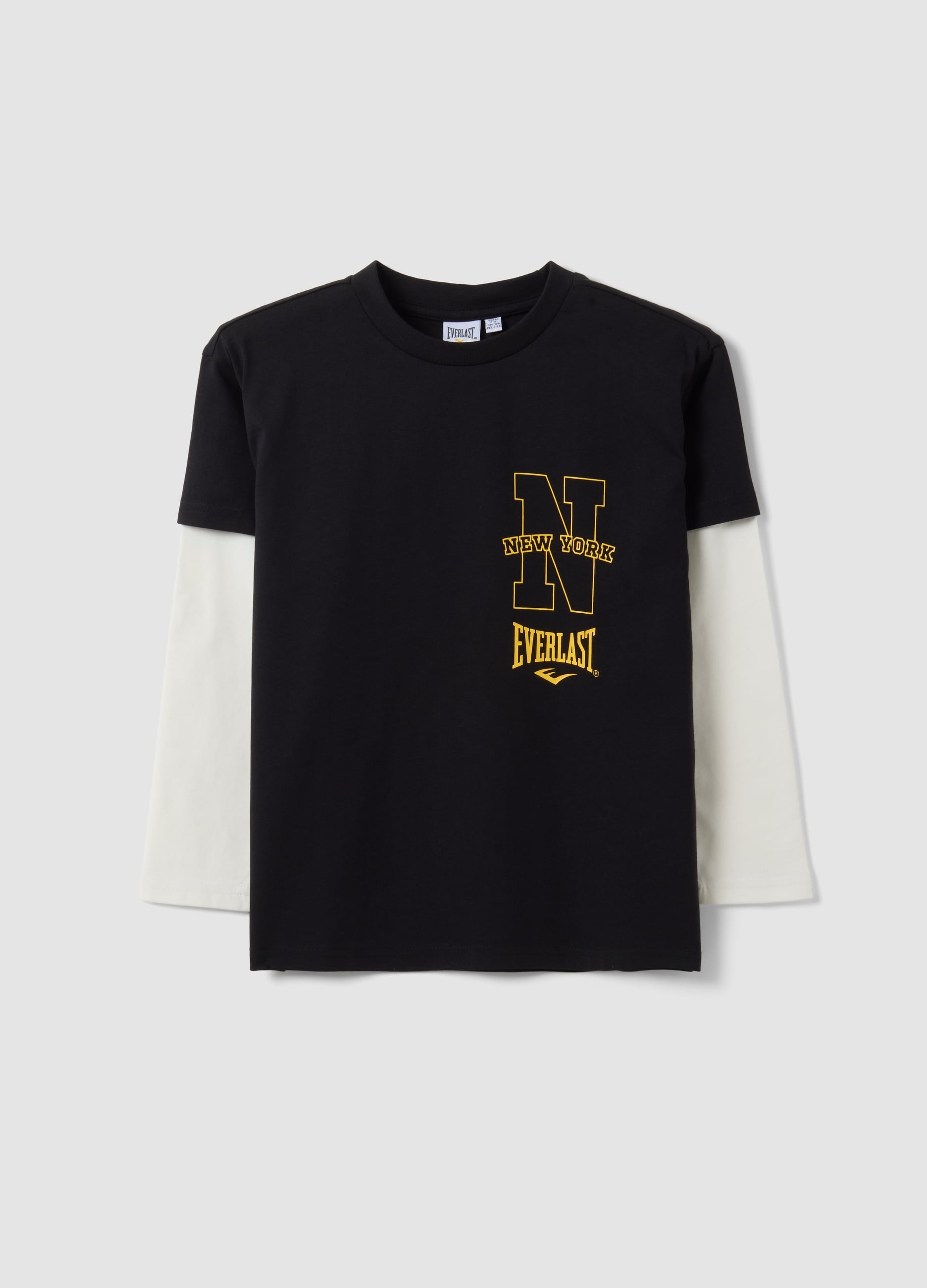 EVERLAST, T-shirt Regular Fit Nera In Puro Cotone A Doppie Maniche Con Stampa Per Bambino, Nero, Taglia: 7-8