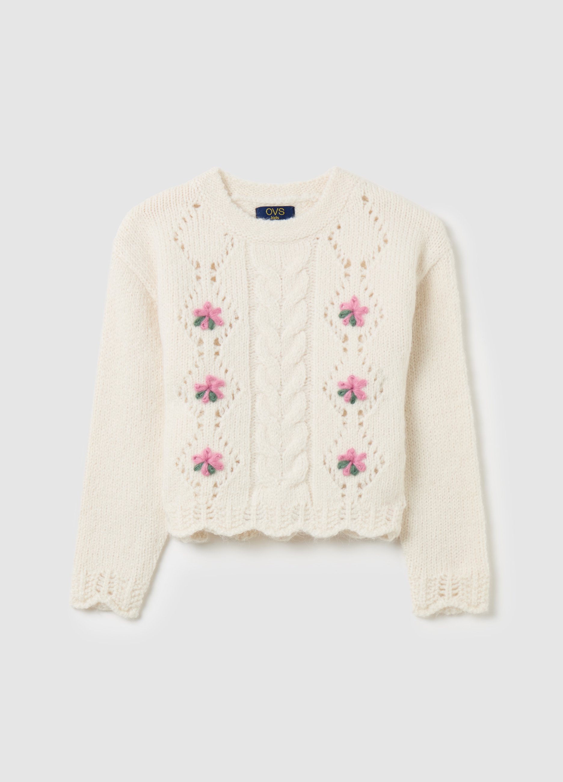 OVS KIDS, Pullover Con Lavorazione Traforata E Ricamo Fiori, Bambina, Bianco, Taglia: 6-7