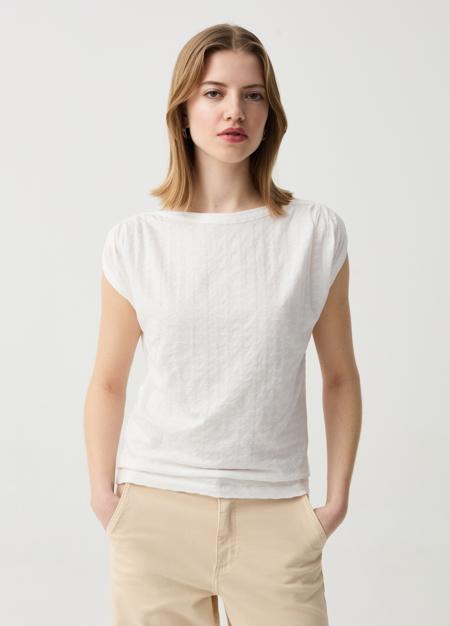 OVS , Top Smanicato In Jersey Con Trama Lavorata, Donna, Bianco, Taglia: L