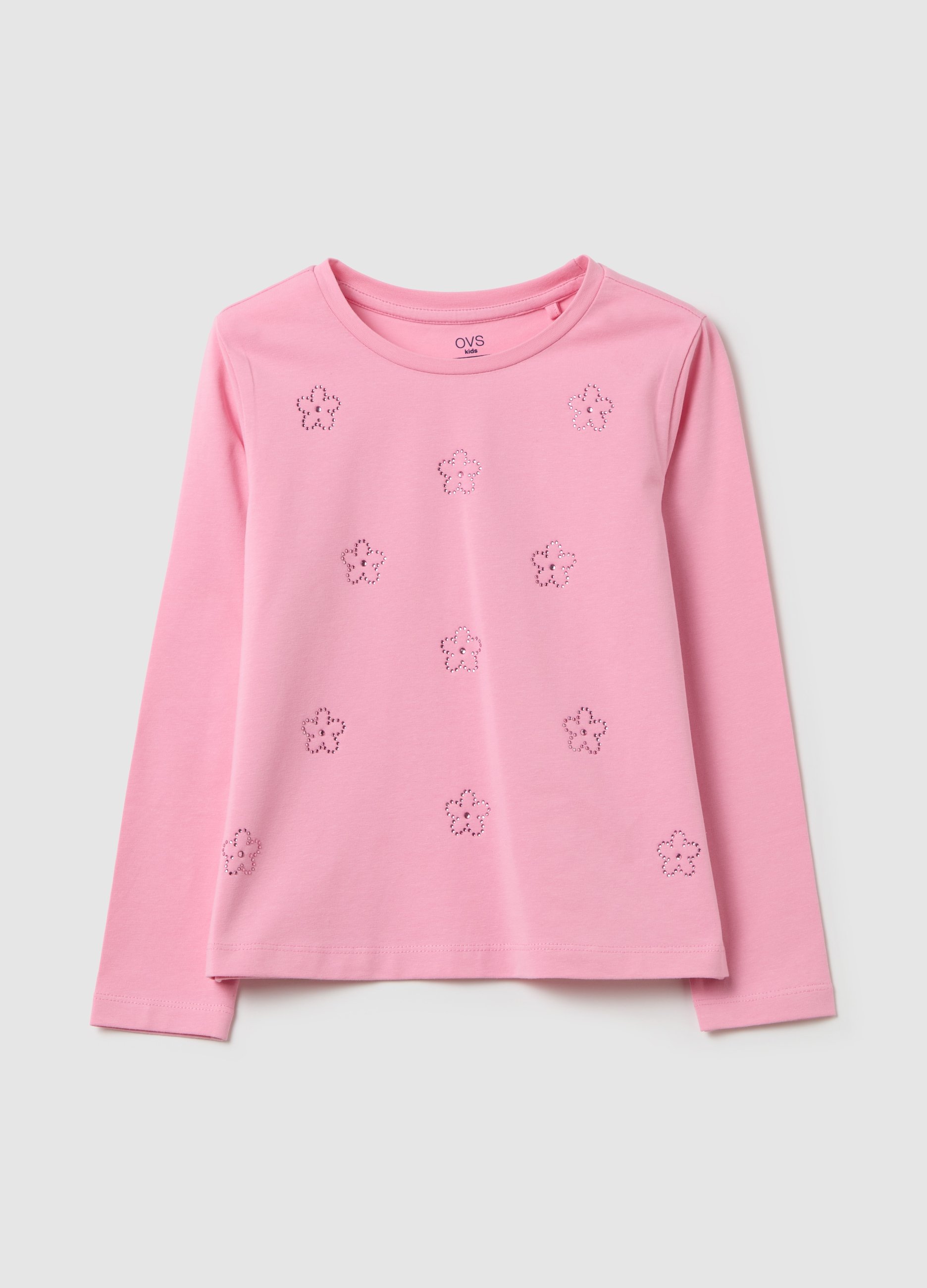 OVS, T-shirt Maniche Lunghe Con Fiori Di Strass, Bambina, Rosa, Taglia: 3-4