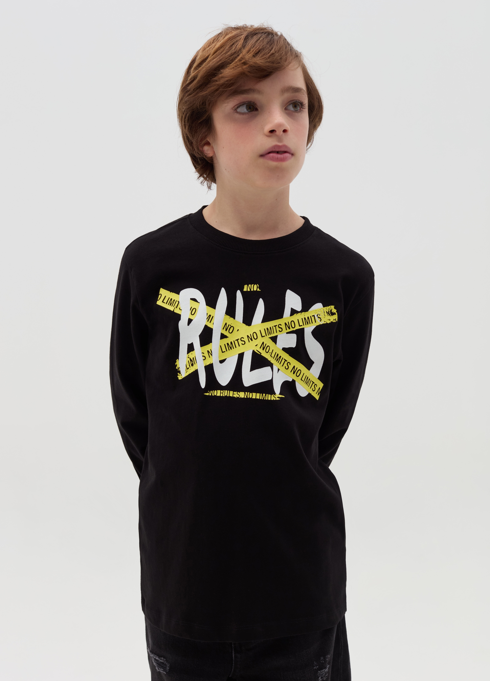 OVS KIDS, Camiseta De Manga Larga Con Estampado, Niño, Negro, Talla: 10-11