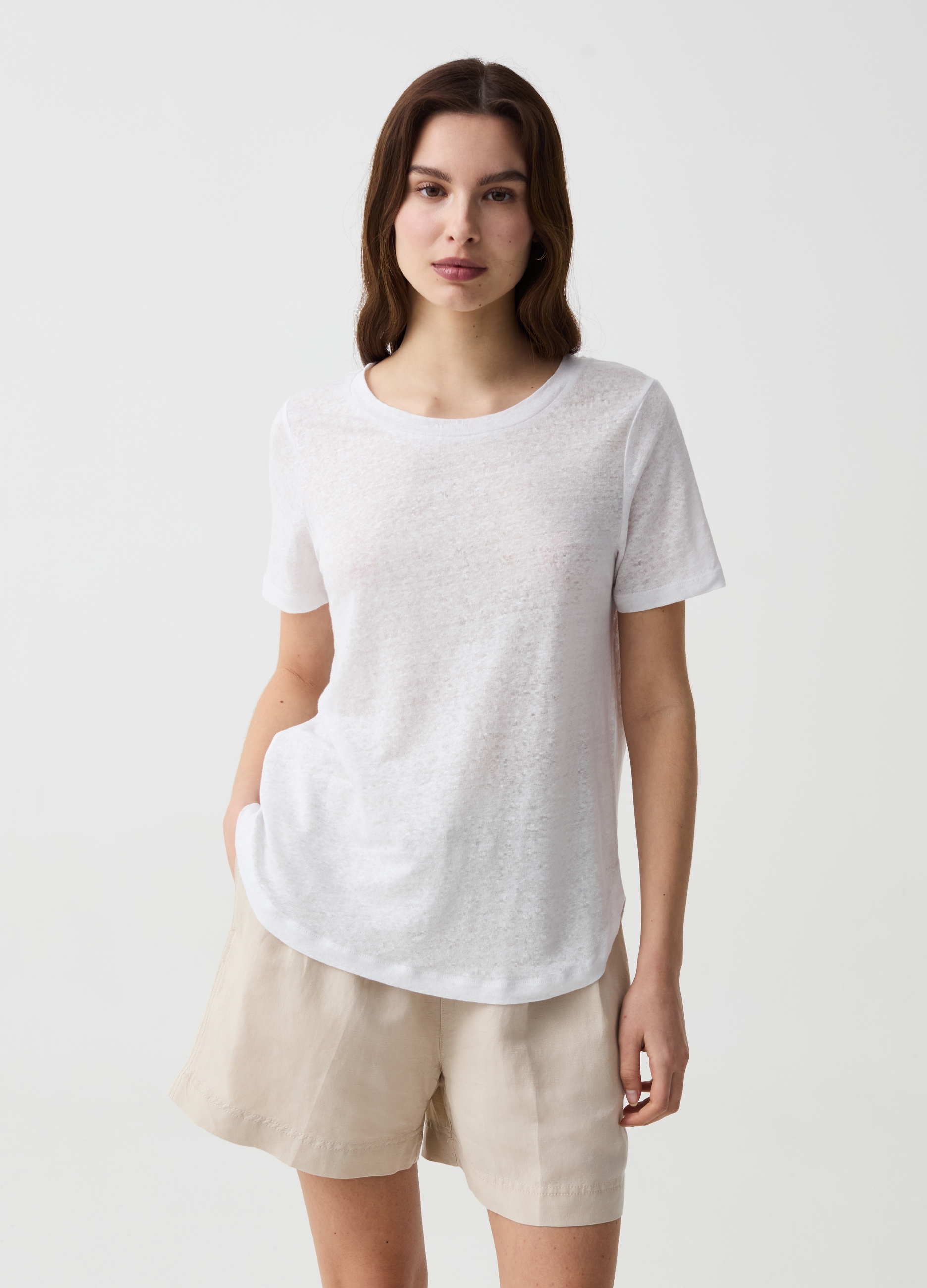 OVS , T-shirt In Lino Con Scollo Rotondo, Donna, Bianco, Taglia: XS