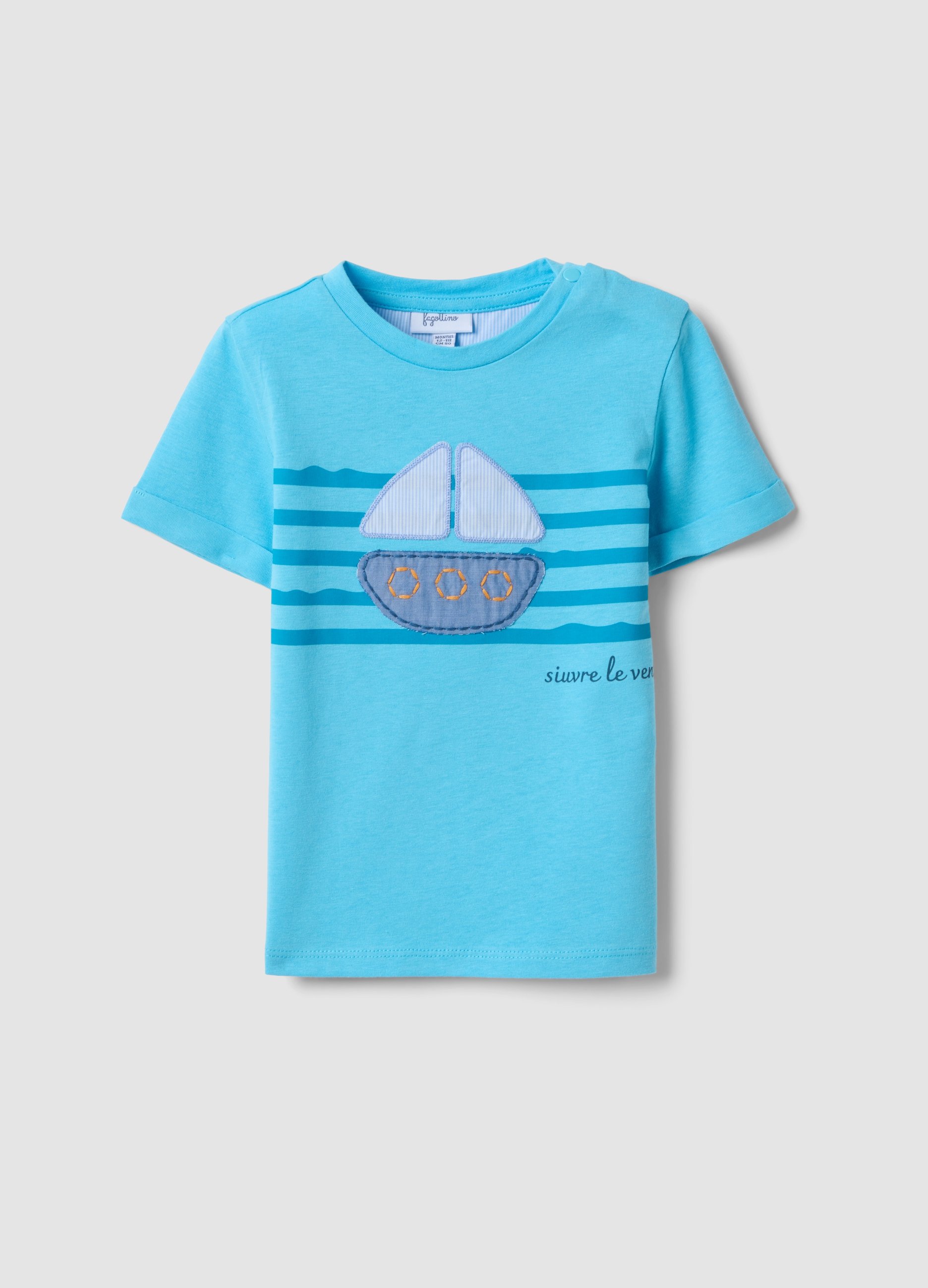 FAGOTTINO, Camiseta Azul Celeste De Manga Corta En Algodón Puro Con Barco Aplicado, Niño, Azul Claro, Talla: 12-18