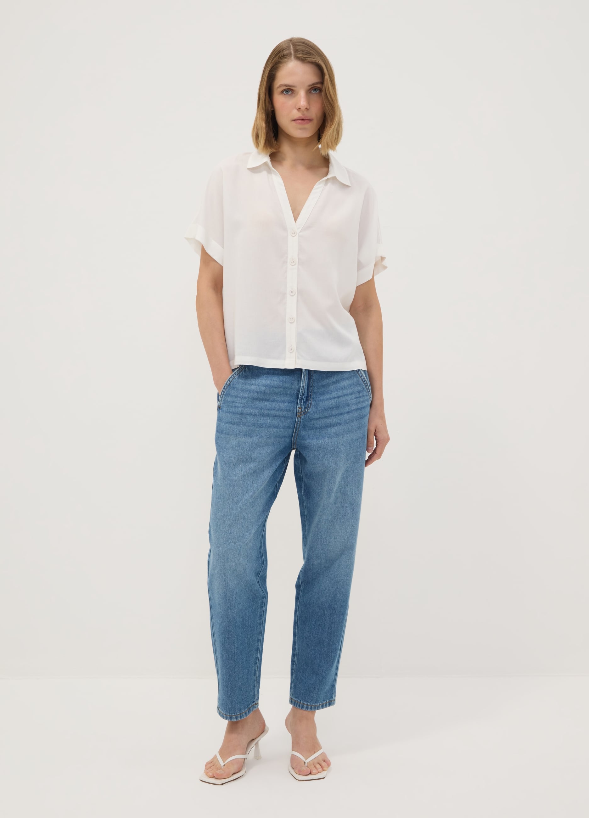 REPUBLIC OF DENIM, Jeans Denim Azzurri In Puro Cotone Con Vita Paperbag Baggy Fit, Donna, Azzurro, Taglia: XS