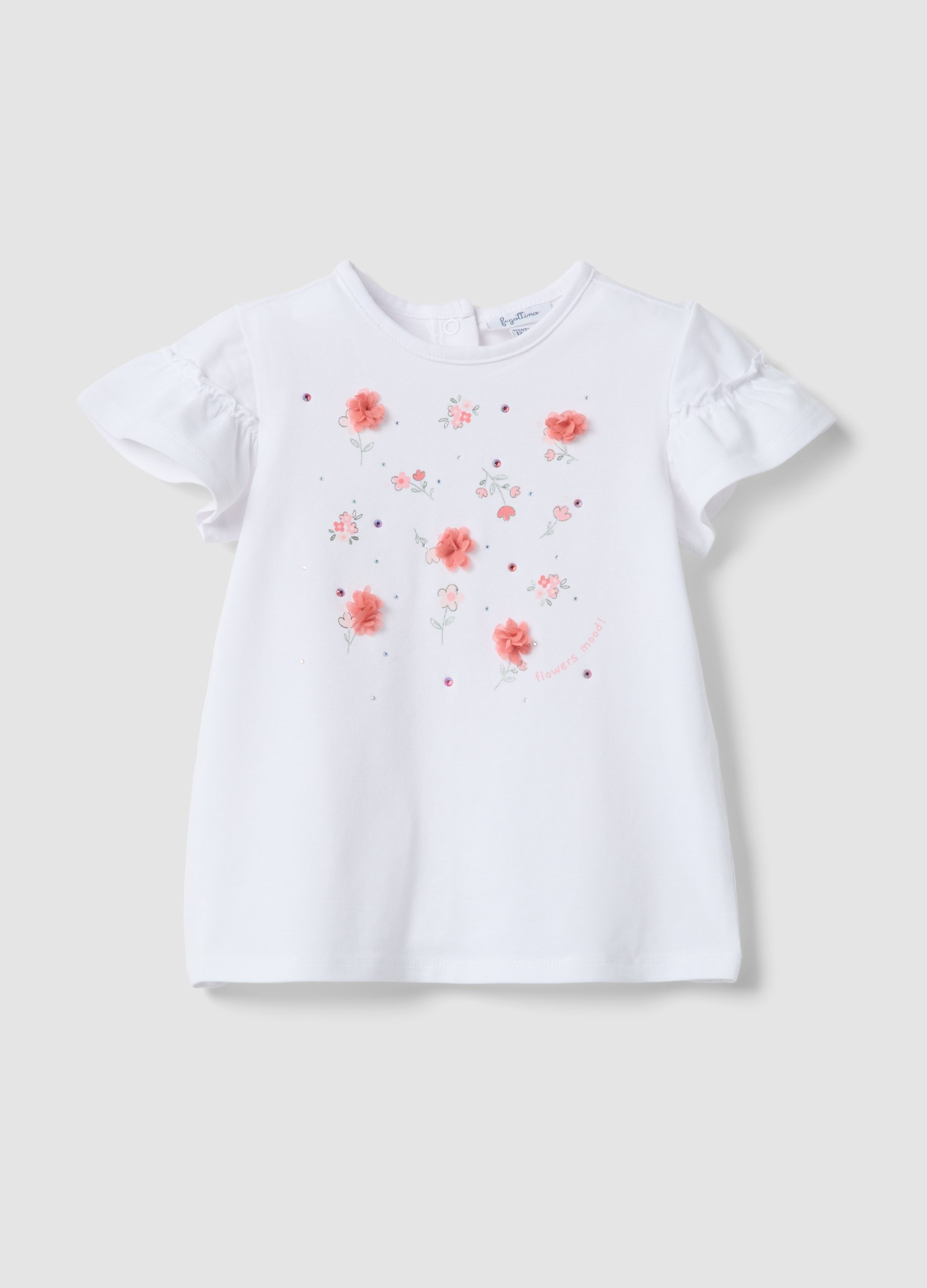 FAGOTTINO, Camiseta Blanca De Algodón Elástico Para Niña Regular Fit Con Flores, Niña, Blanco óptico, Talla: 12-18