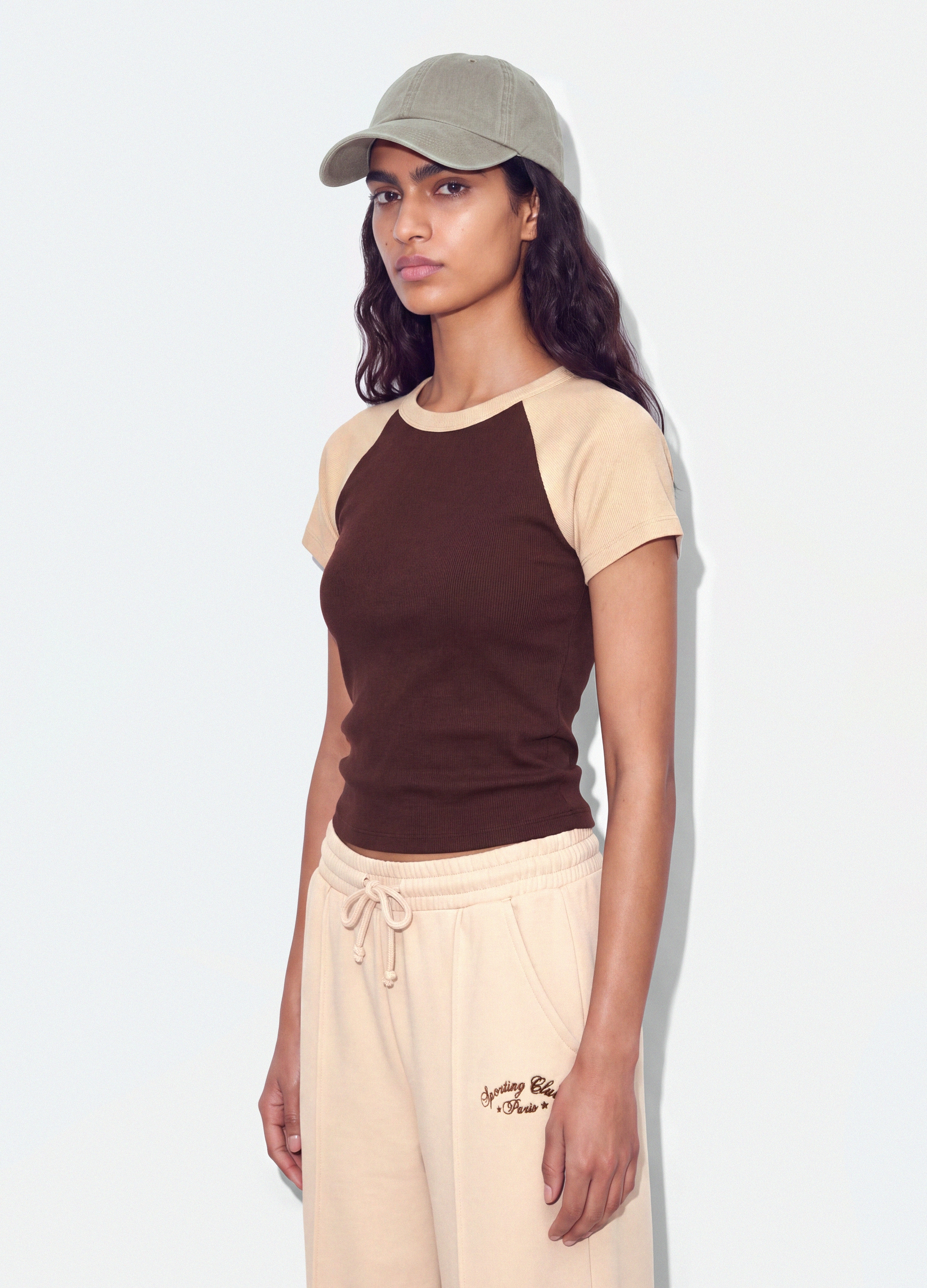 B.ANGEL, T-shirt Marrone In Cotone Elasticizzato A Girocollo Con Maniche A Contrasto, Donna, Marrone, Taglia: M
