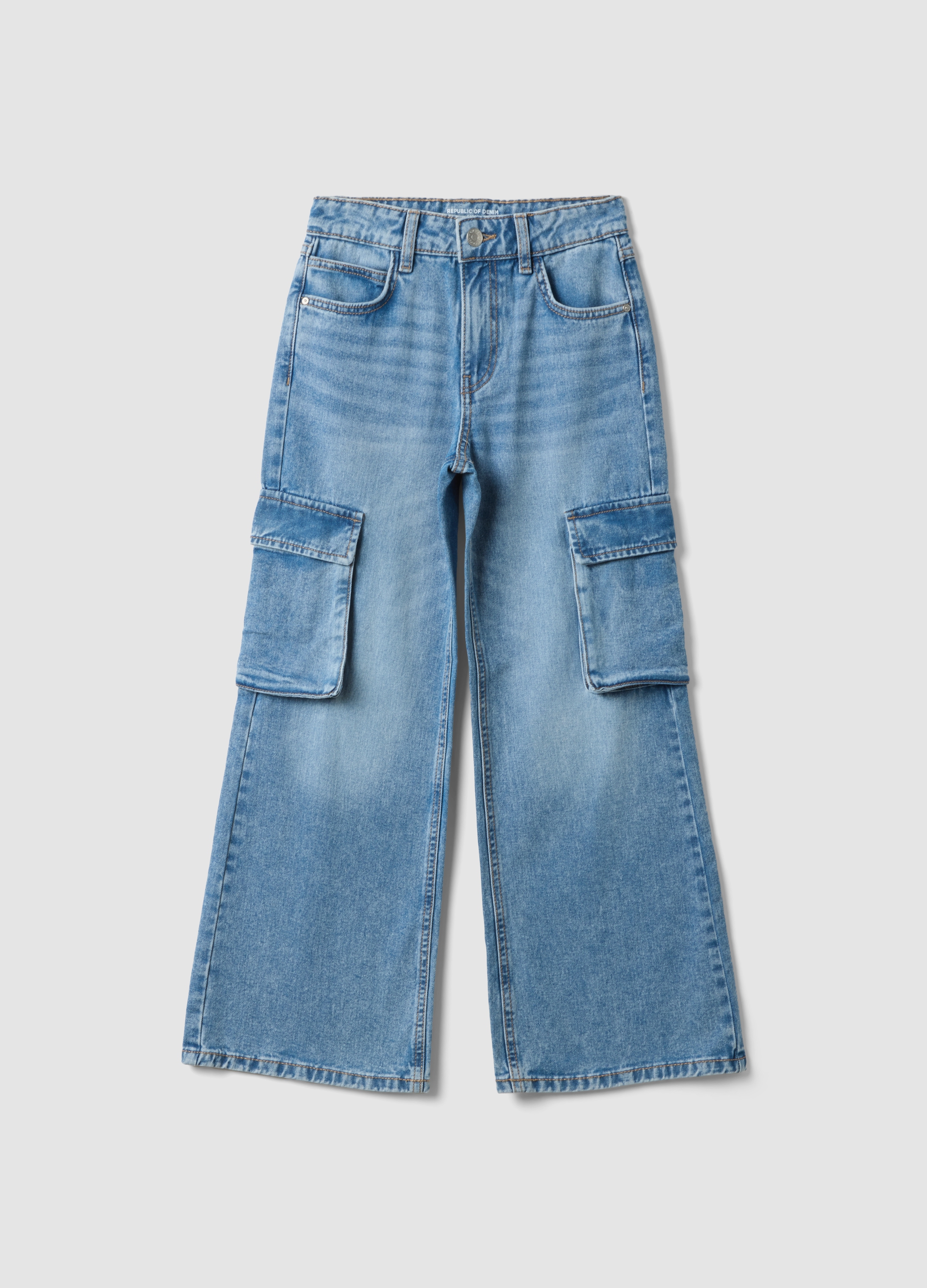 REPUBLIC OF DENIM, Jeans Cargo Denim In Puro Cotone Azzurro Relaxed Fit Per Ragazza, Bambina, Azzurro, Taglia: 14-15