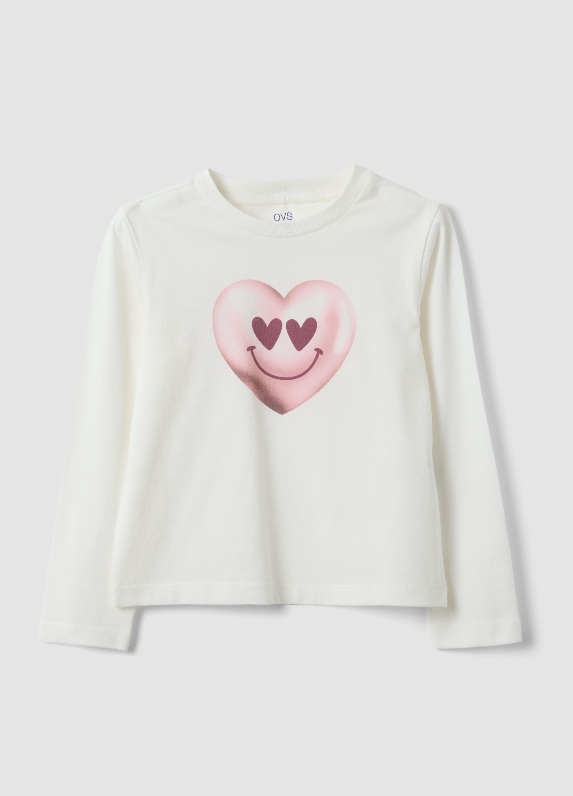 OVS KIDS, T-shirt Bianca In Cotone Organico Con Stampa Cuore Per Bambina Regular Fit, Bianco, Taglia: 6-7