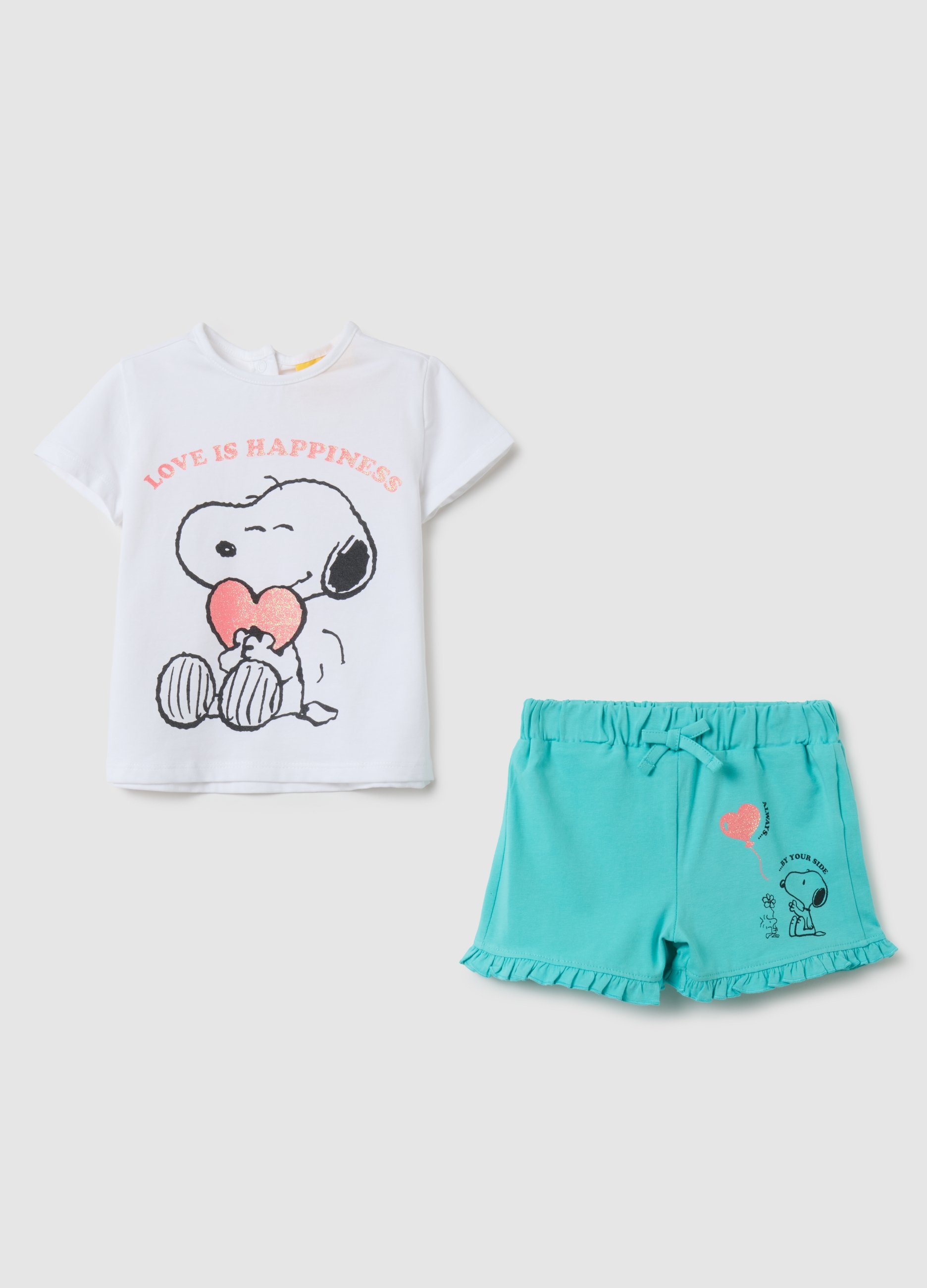 SNOOPY, Completo Da Bambina In Cotone Bianco E Verde Regular Fit, Bianco, Taglia: 12-18