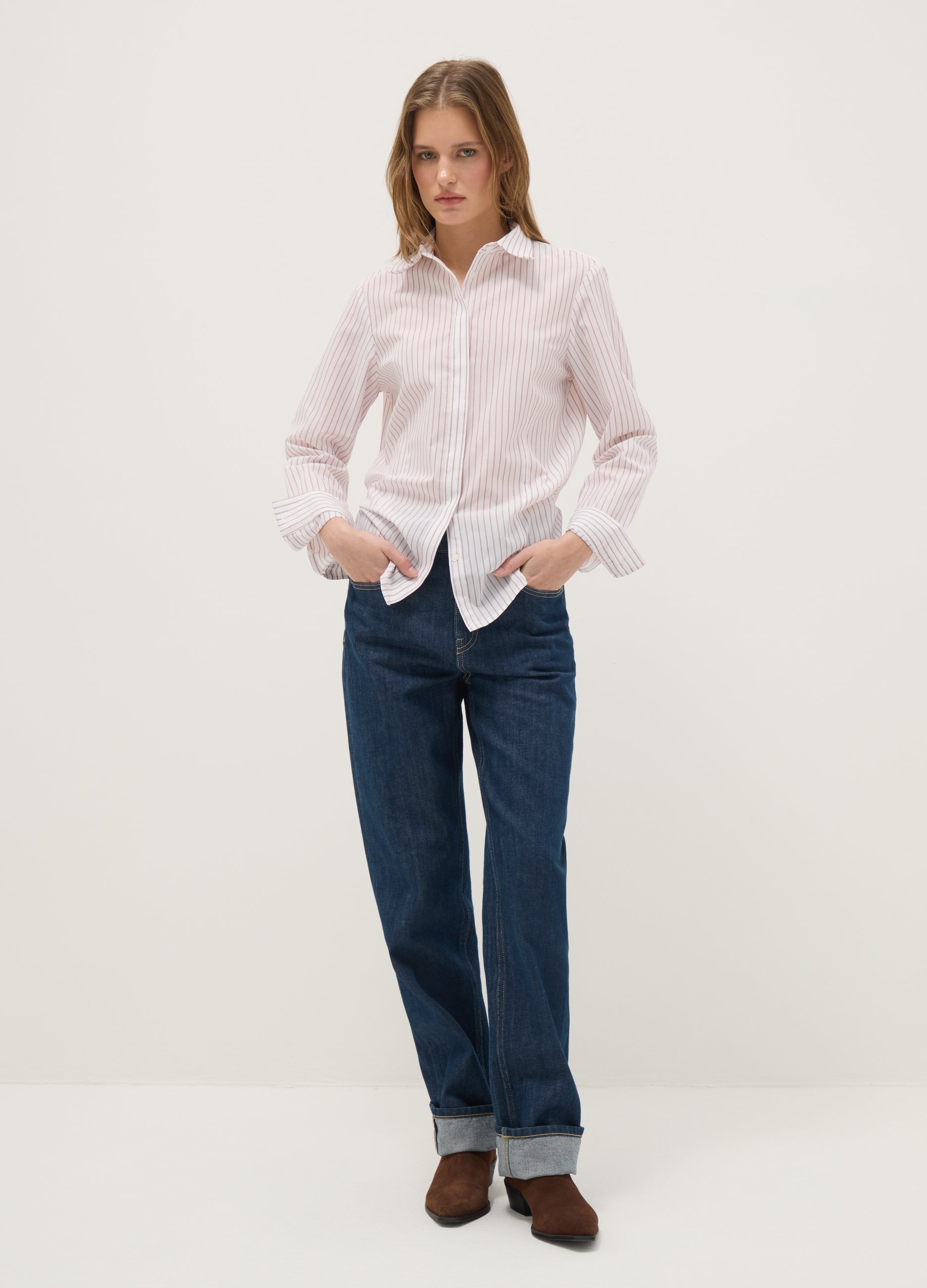 Camisa Ajustada De Rayas Multicolor En Mezcla De Algodón Con Cuello Clásico, Mujer, Blanco/rojo, Talla: 40