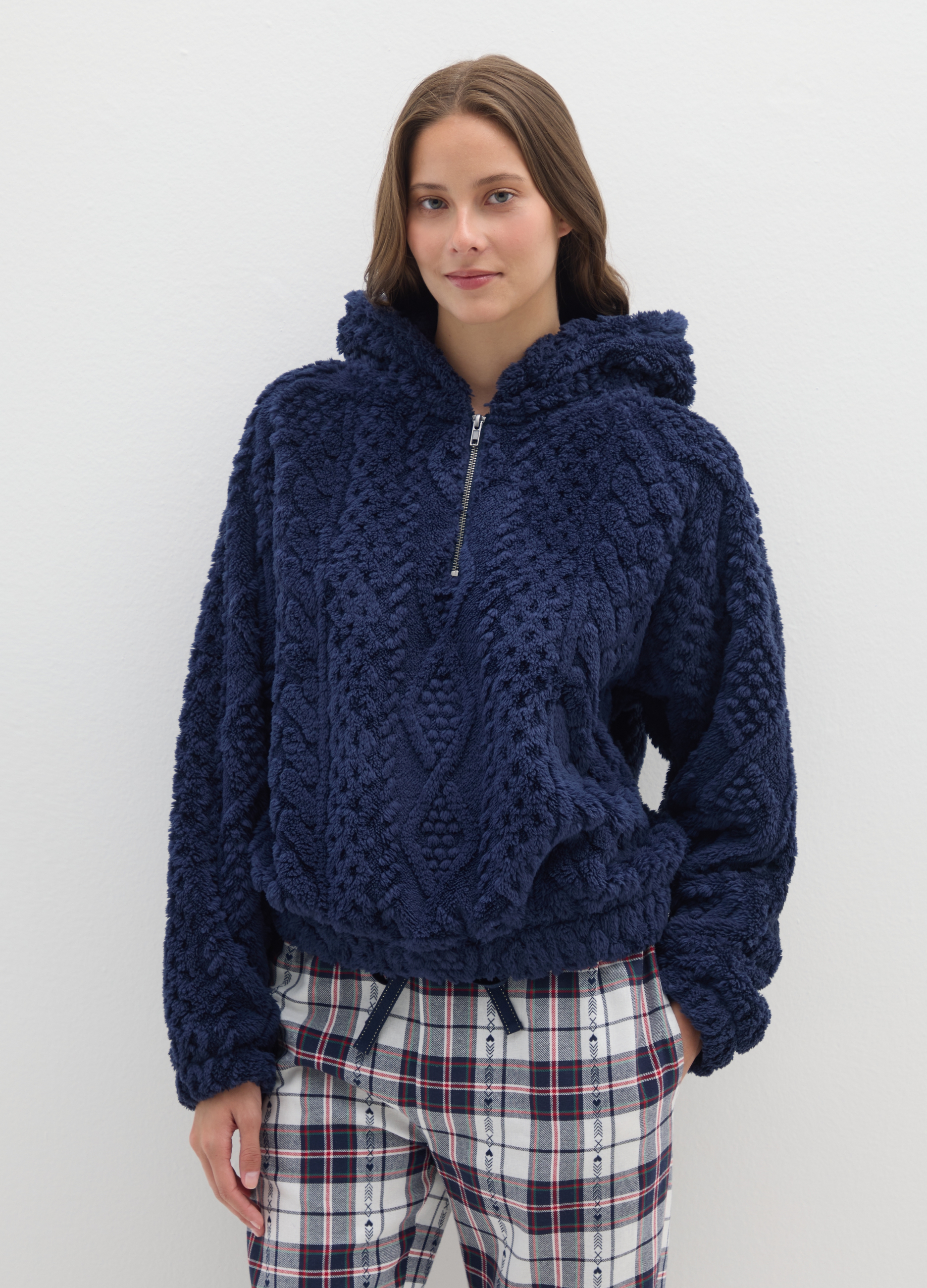 Sudadera Con Capucha De Sherpa Azul Con Media Cremallera Y Ajuste Regular, Mujer, Blu Bluette, Talla: M