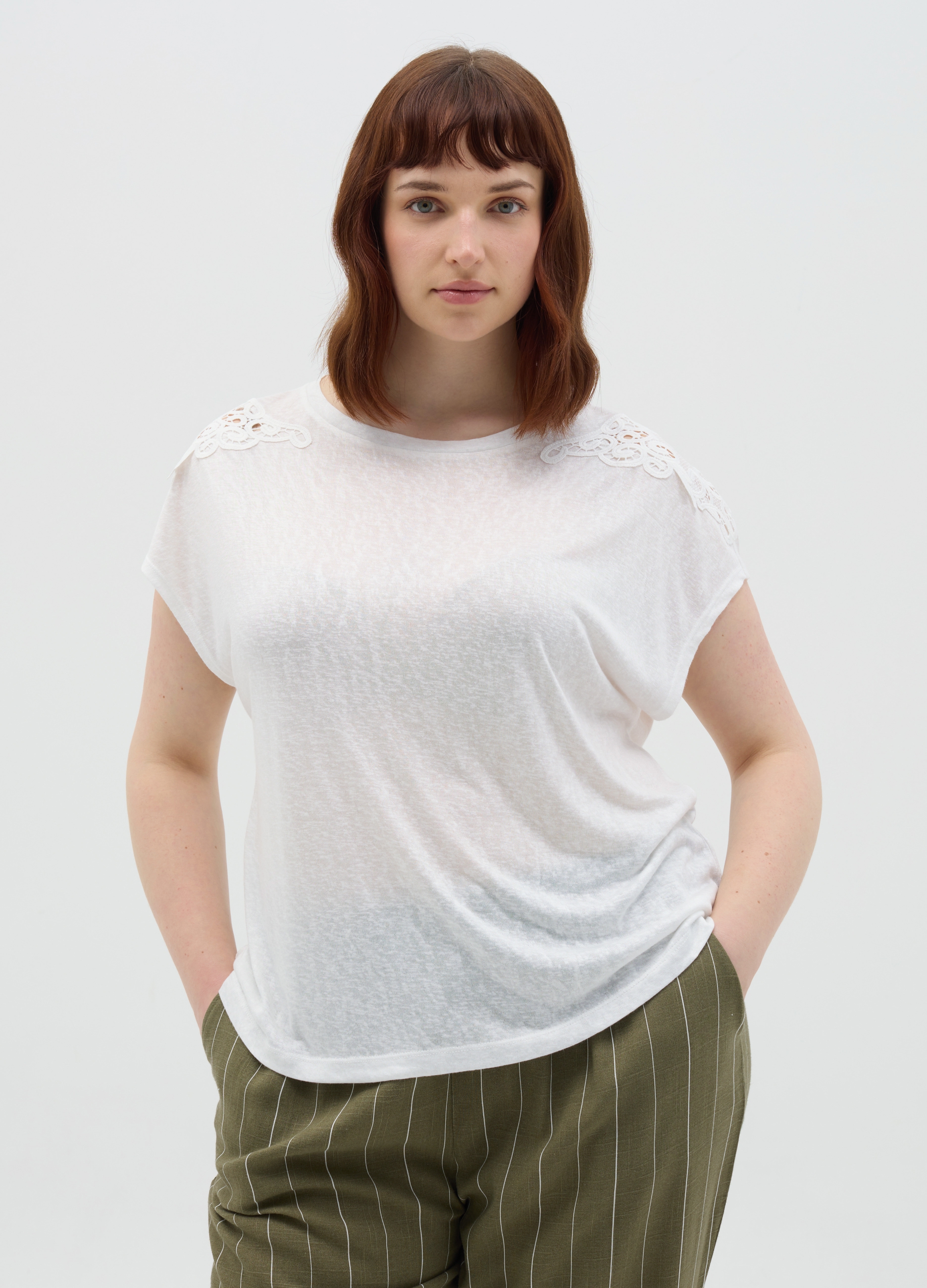 OVS, T-shirt Bianca Con Dettagli In Pizzo Curvy, Donna, Bianco, Taglia: S