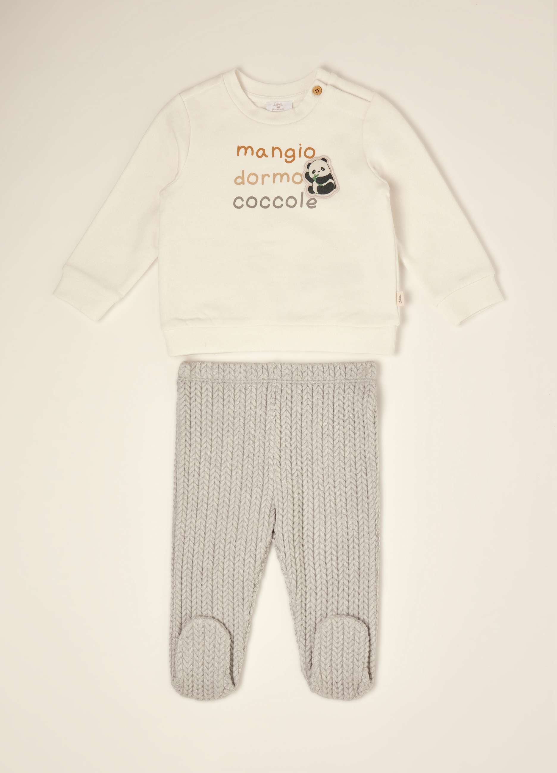 IANA, Completo Bianco In Cotone Elasticizzato Con Ghettine E Stampa Panda, Neonato, Multicolor, Taglia: 3