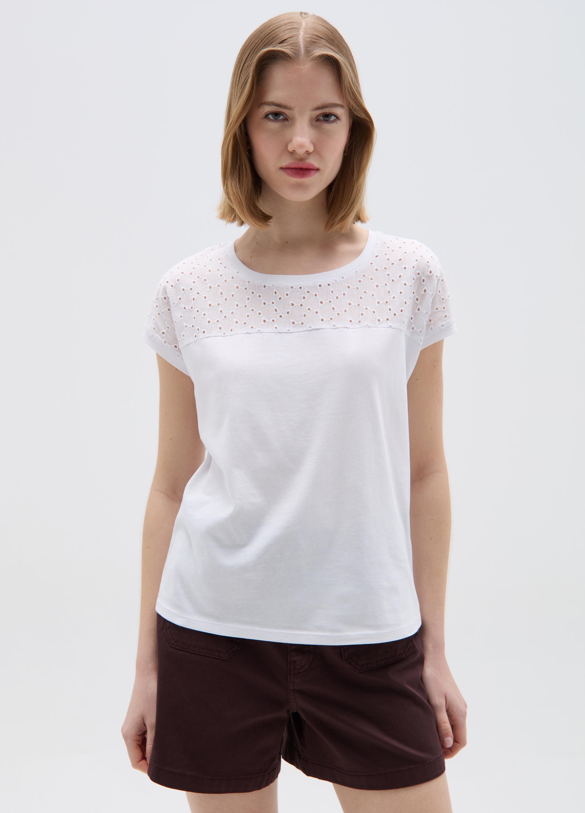 OVS , T-shirt In Cotone Con Sangallo, Donna, Bianco, Taglia: XS