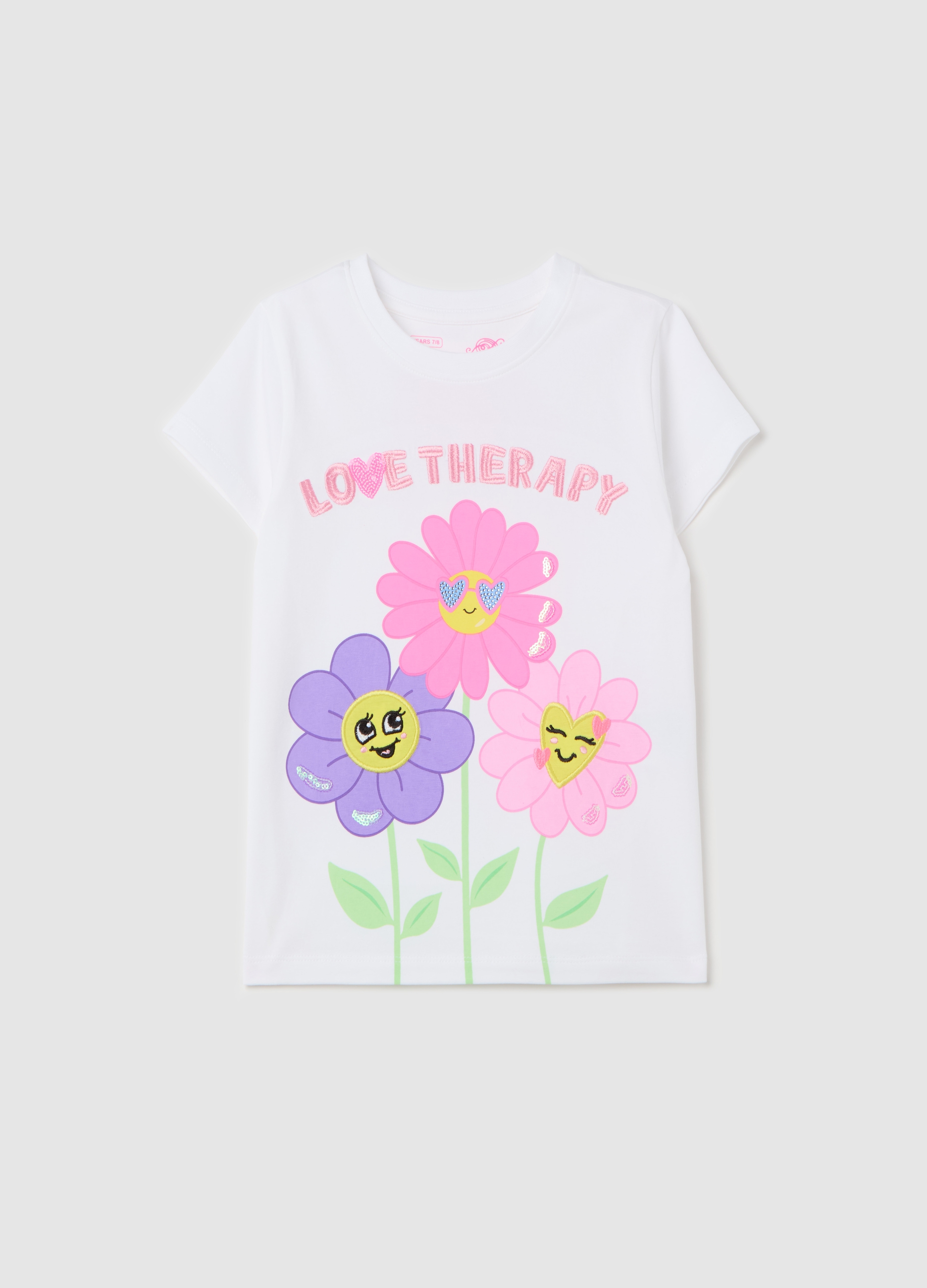 LOVE THERAPY, T-shirt Con Stampa Fiori E Ricamo Lettering, Bambina, Bianco, Taglia: 3-4