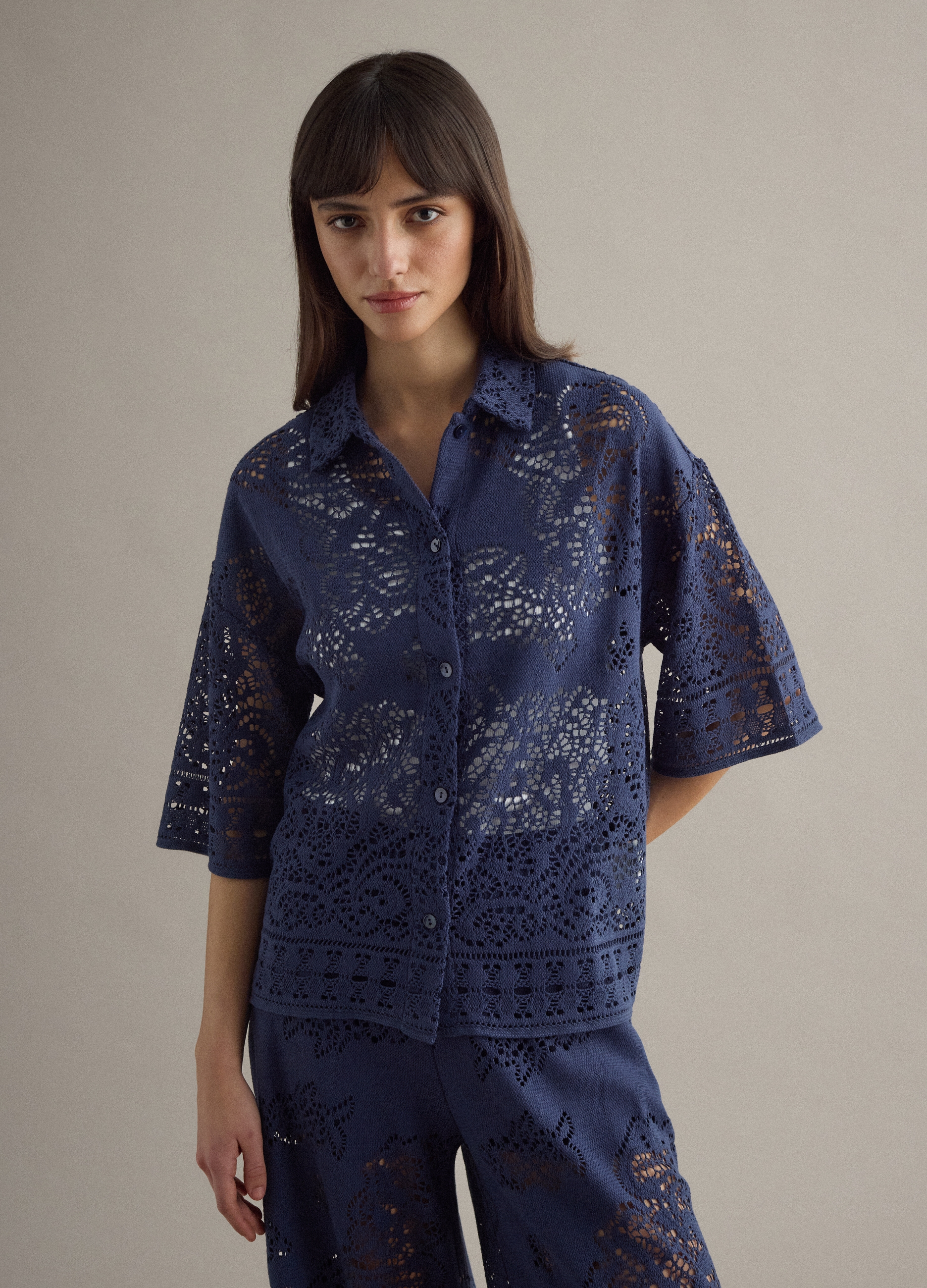 PIOMBO, Polo Azul En Mezcla De Algodón Con Ajuste Regular Y Textura Perforada, Mujer, Azul marino, Talla: 42