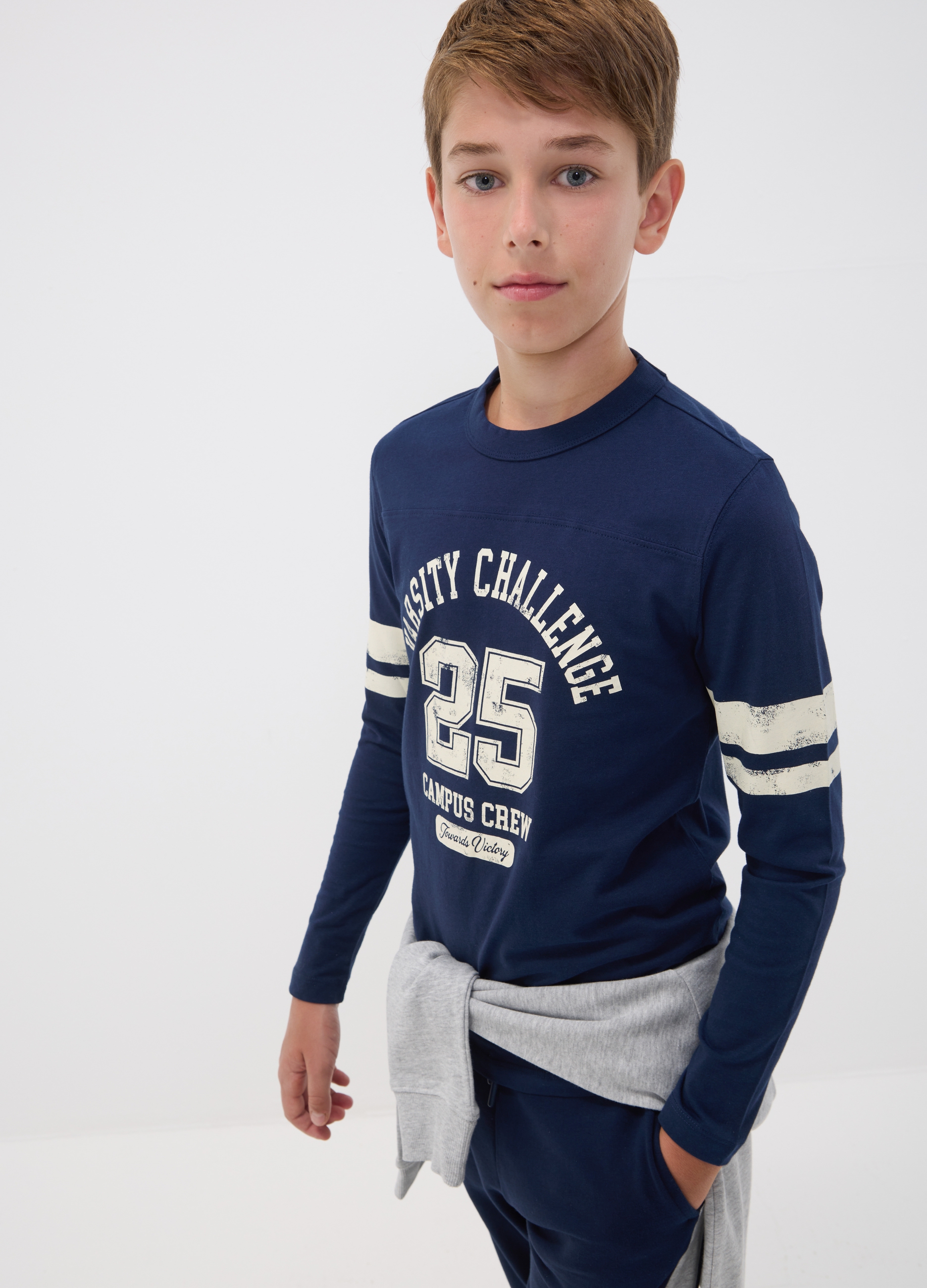 OVS KIDS, T-shirt Blu In Puro Cotone Organico Con Stampa College Per Ragazzo, Bambino, Blu, Taglia: 14-15