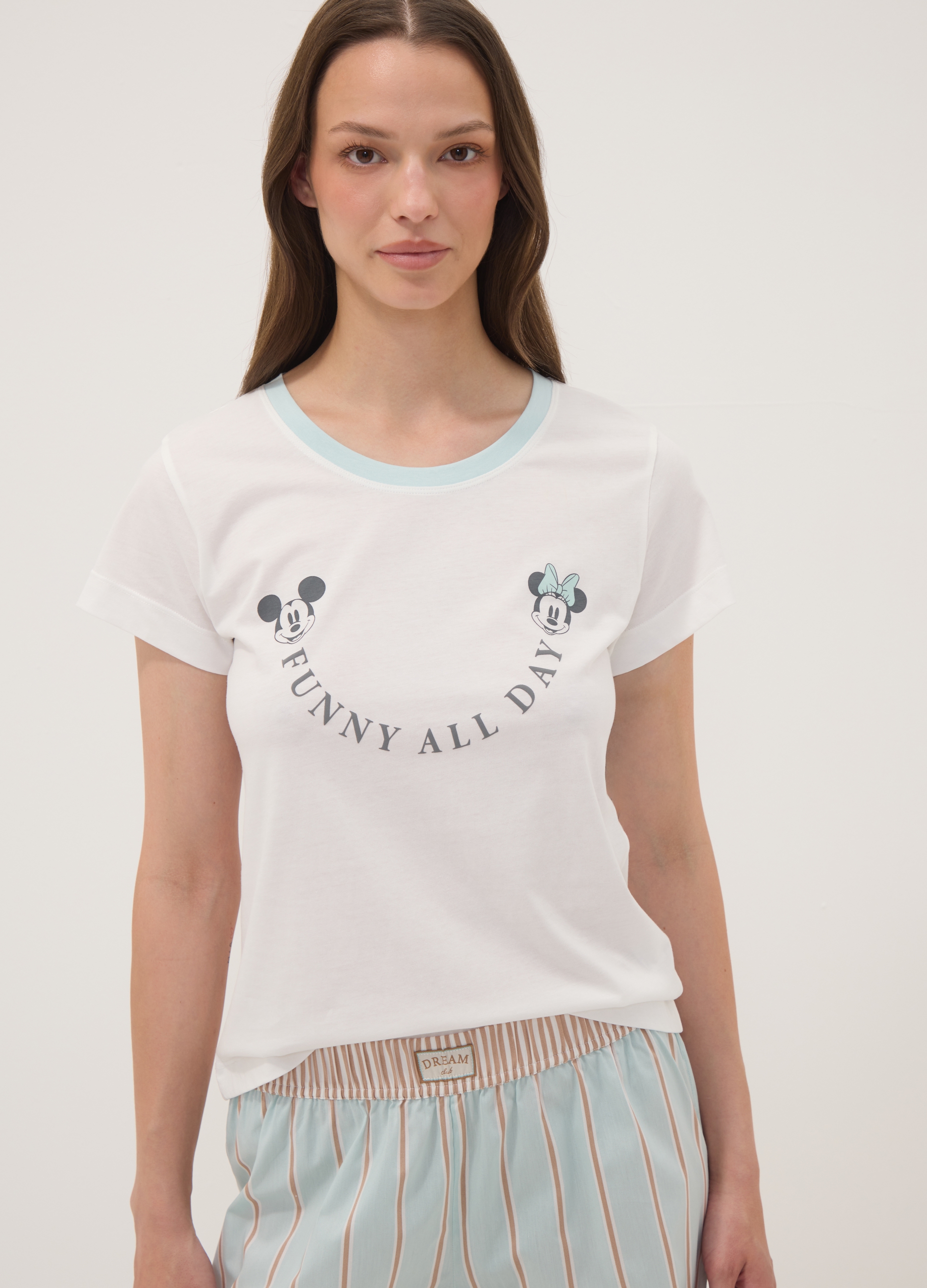 DISNEY, T-shirt Pigiama Bianco In Puro Cotone Organico Con Stampa Mickey Mouse, Donna, Bianco, Taglia: M