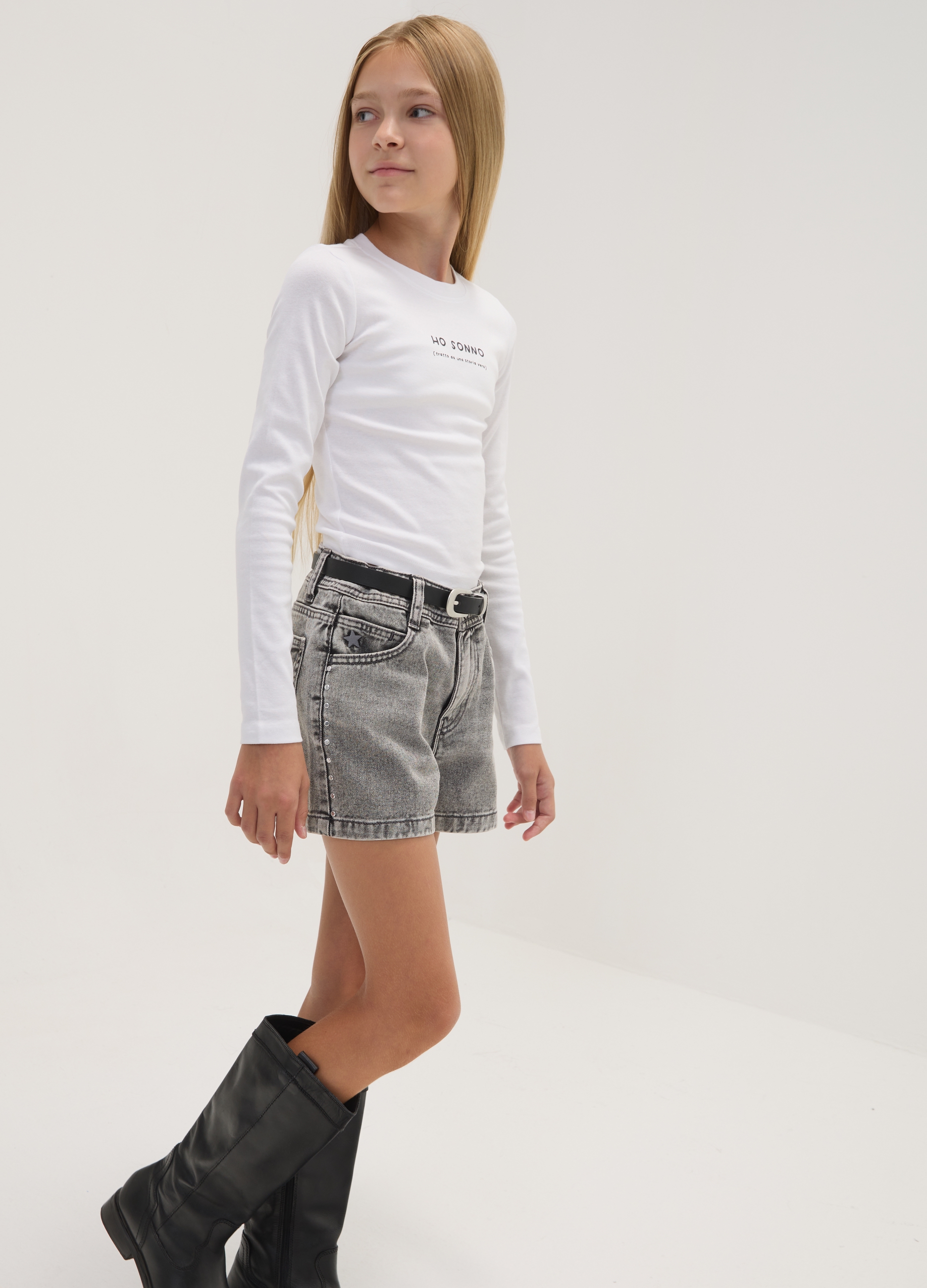 OVS KIDS, T-shirt Bianca In Cotone Organico Elasticizzato Con Collo A Costine, Bambina, Azzurro, Taglia: 12-13