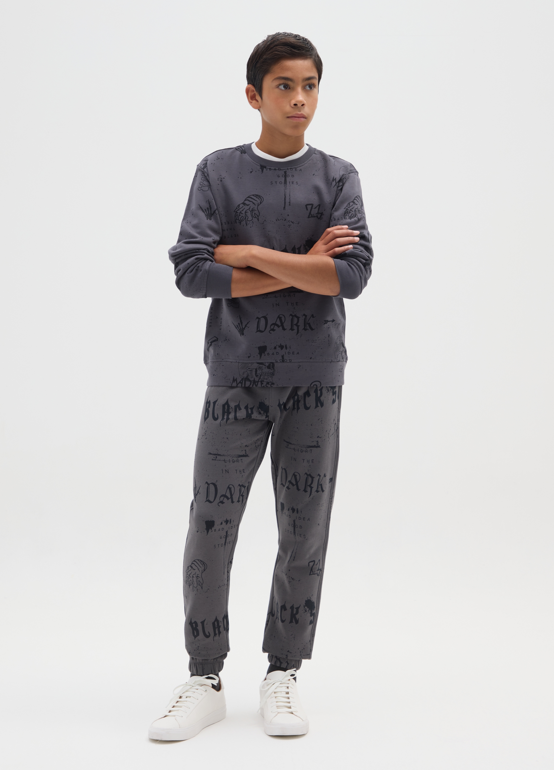 OVS KIDS, Pantaloni Grigi Da Ragazzo In Puro Cotone Regular Fit Con Stampe, Bambino, Grigio, Taglia: 11-12