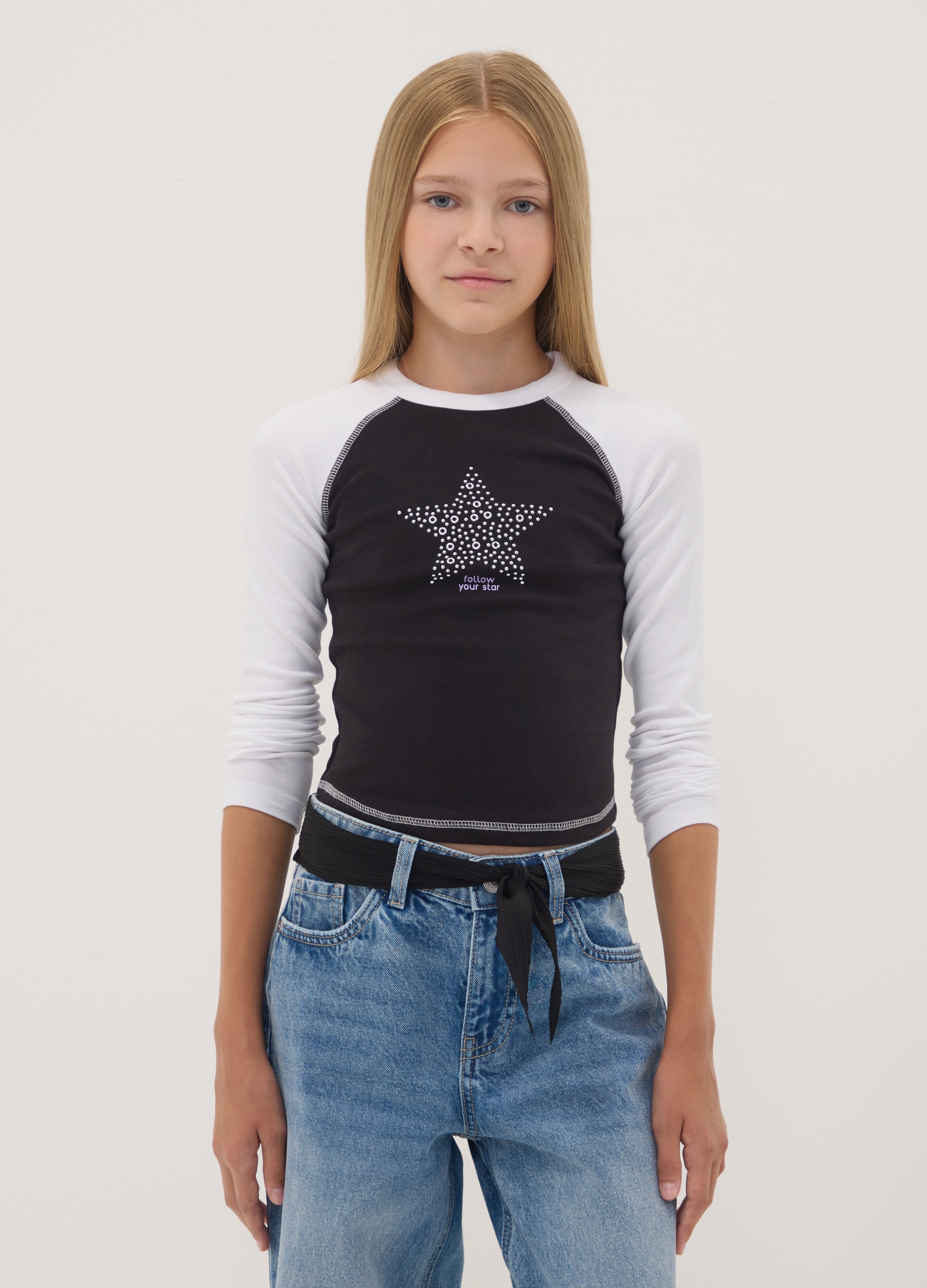 OVS KIDS, T-shirt Blu In Cotone Elasticizzato Con Collo A Costine, Bambina, Nero, Taglia: 11-12