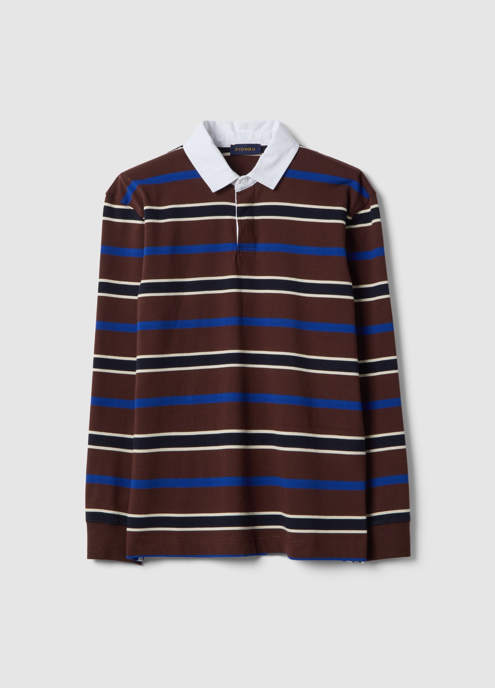 PIOMBO, Polo A Maniche Lunghe In Puro Cotone A Righe Multicolor Regular Fit, Hombre, Azul/marrón, Talla: S