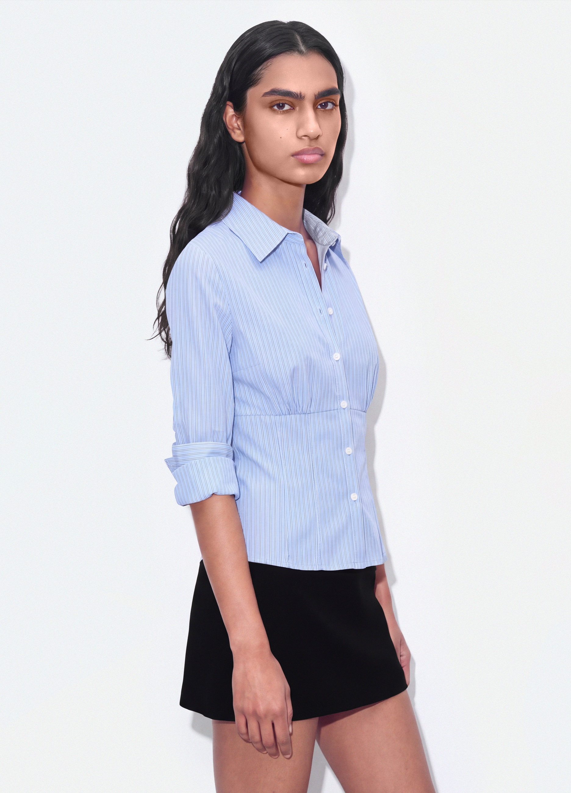 B.ANGEL, Camicia Azzurra A Righe In Cotone Elasticizzato Slim Fit, Donna, Azzurro, Taglia: XS